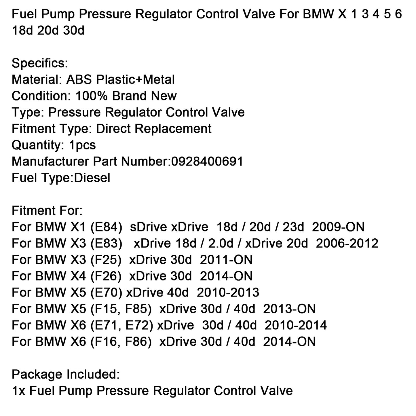 Fuel Pump Pressure Regulator Control Valve For BMW X 1 3 4 5 6 18d 20d 30d