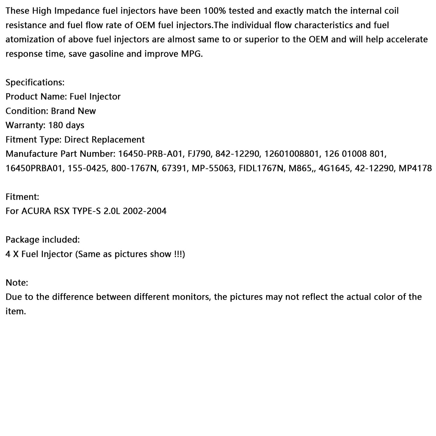 2002-2004 Acura RSX TYPE-S 2.0L 4PCS Fuel Injector 16450-PRB-A01 842-12290