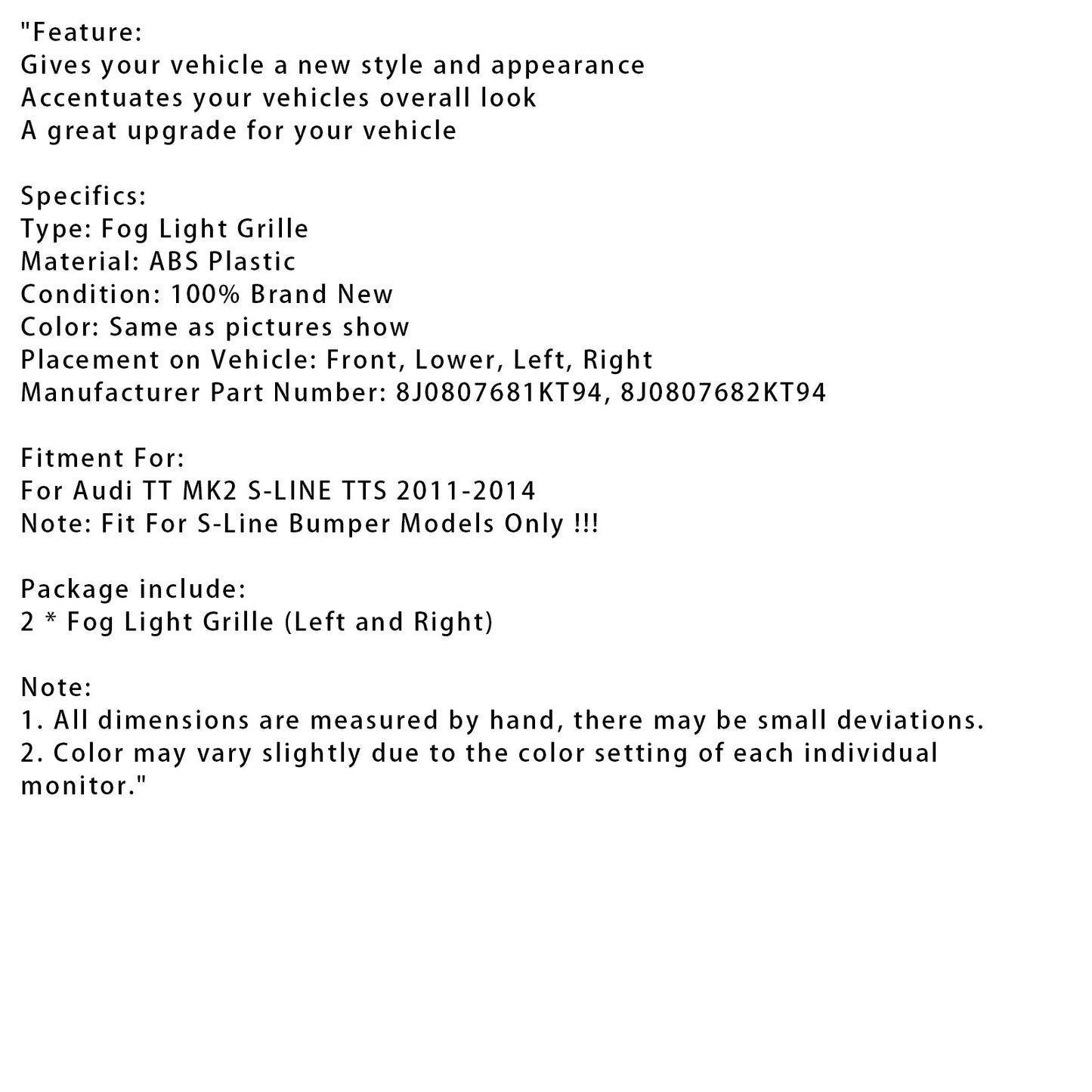 2011-2014 Audi TT MK2 S-Line TTS Honeycomb Front Bumper Fog Light Grille