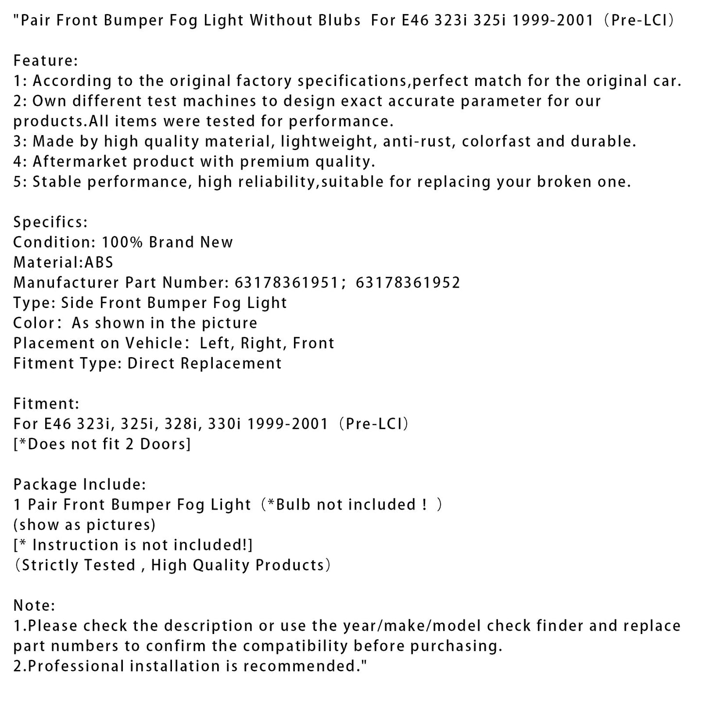 Pair Front Bumper Fog Light Without Blubs For E46 323i 325i 1998-2001£¨Pre-LCI£©