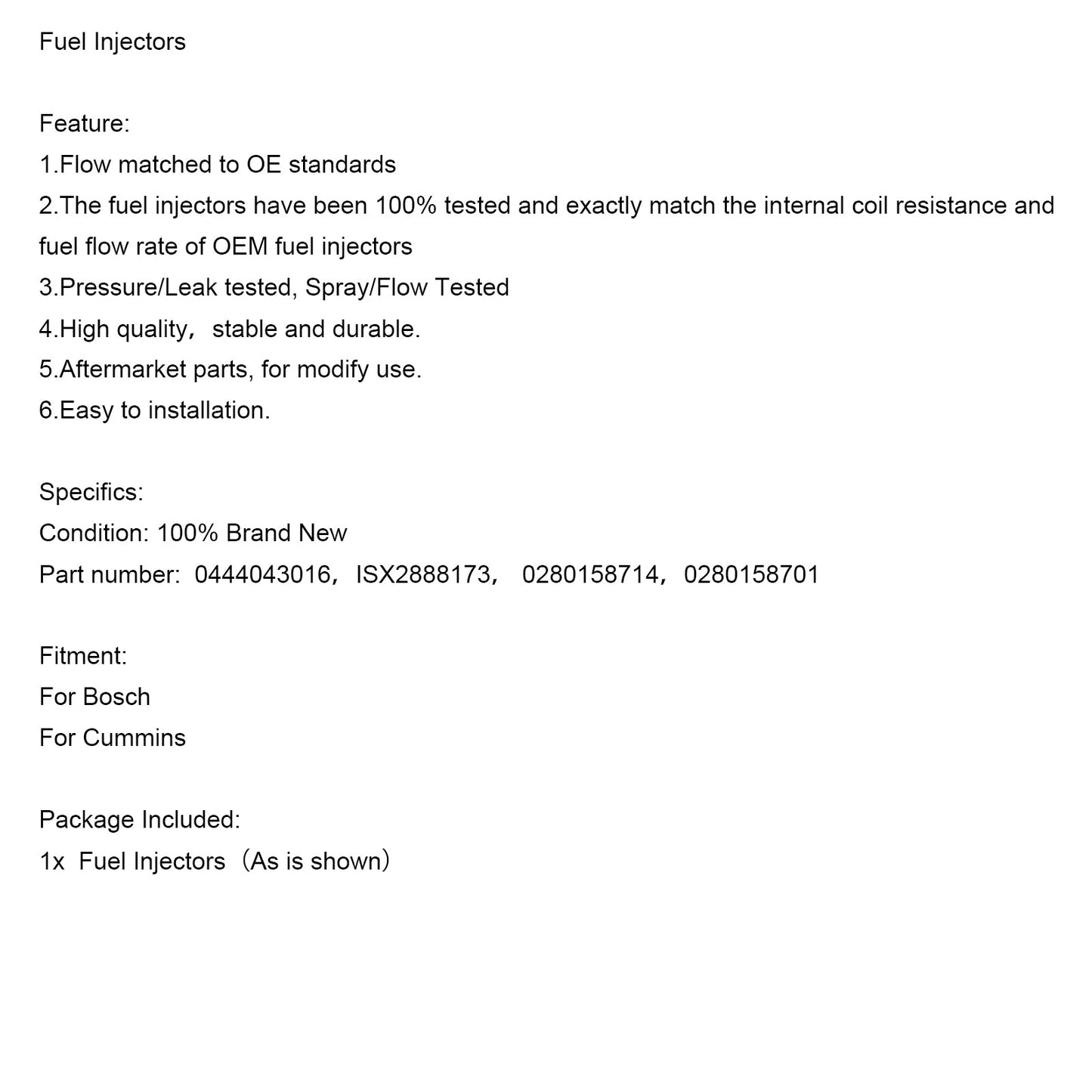Bosch Cummins Fuel Injector 0280158714 0280158701 0444043016 ISX2888173