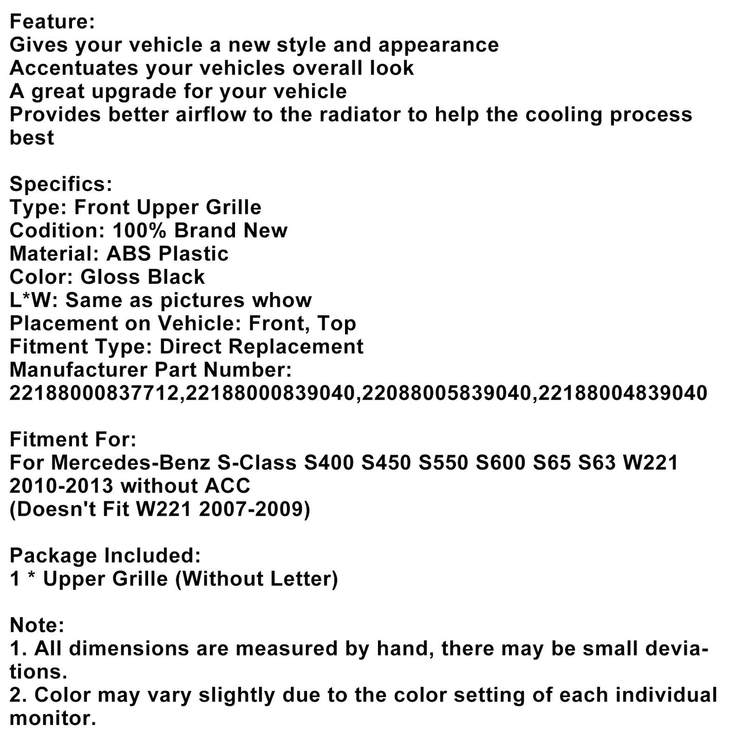 2010-2013 Mercedes Benz S-Class W221 S550 S600 S63 S65 Front Grill Grille