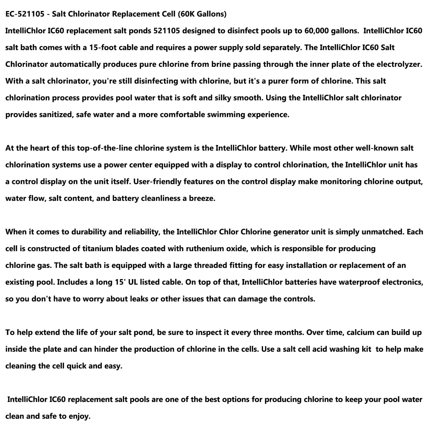 EC-521105 IC60 Salt Cell Chlorine Generator Replacement Salt Cell Systems