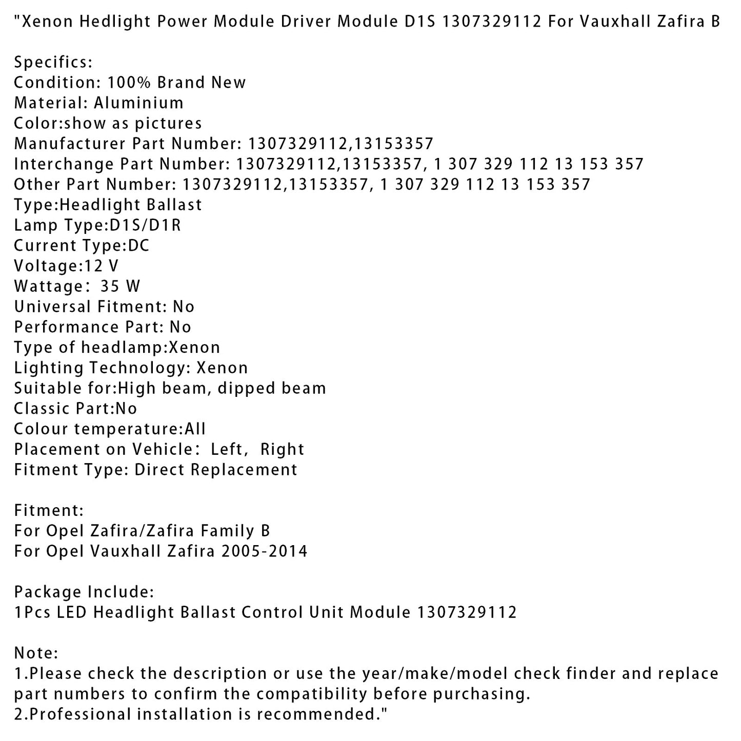 Xenon Hedlight Power Module Driver Module D1S 1307329112 For Vauxhall Zafira B