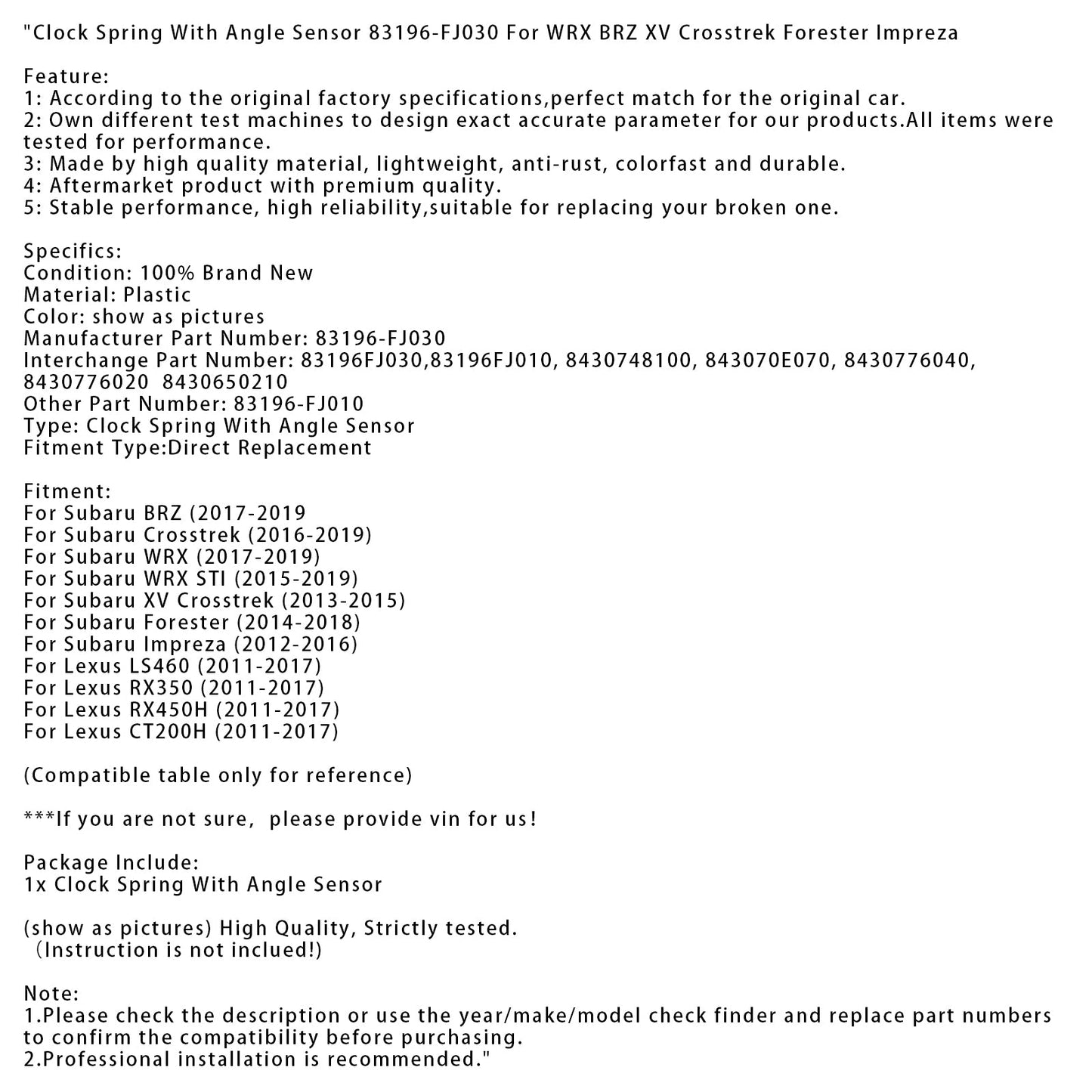2011-2017 Lexus RX450H Clock Spring With Angle Sensor 83196-FJ030