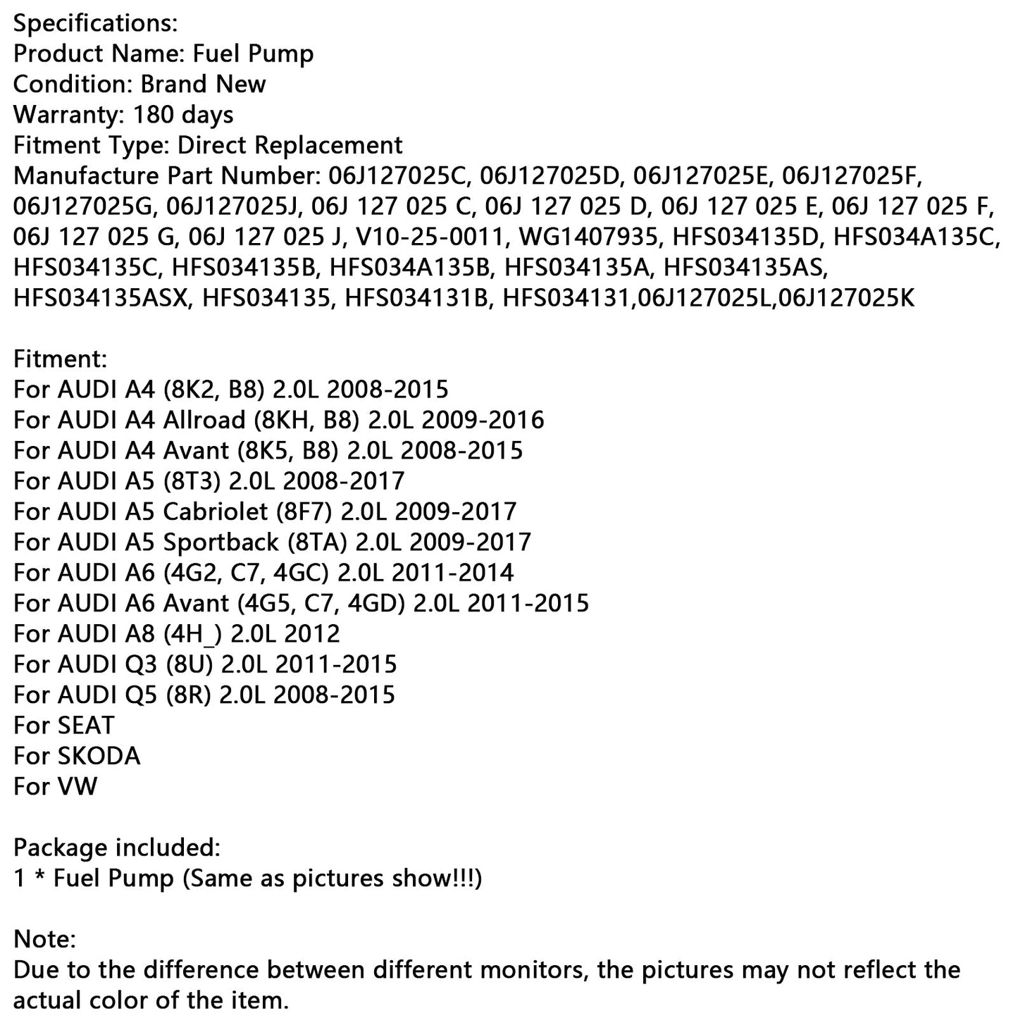 2012 AUDI A8 (4H_) 2.0L High Pressure Pump Fuel Pump 06J127025E