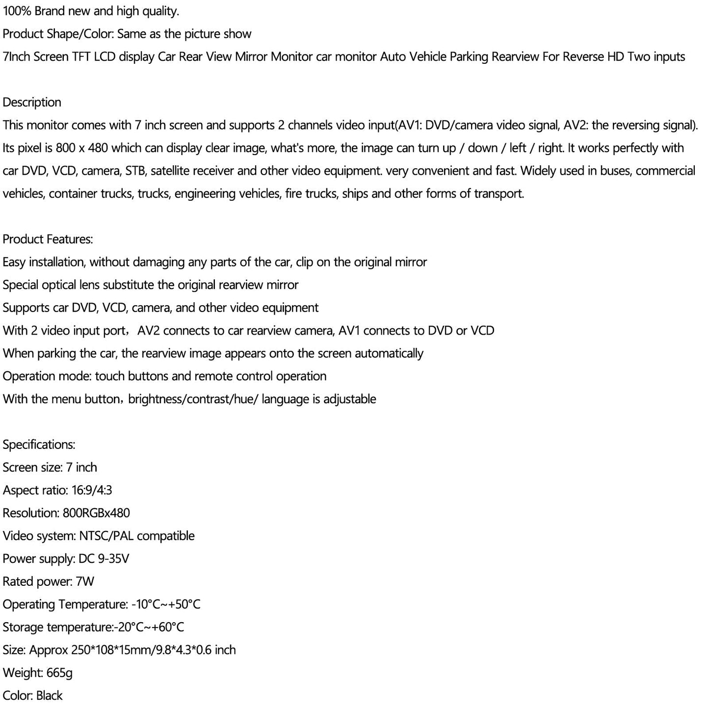 7" LCD Car Rear View Monitor Sensors Lens Bus Car Reversing Camera EE Screen