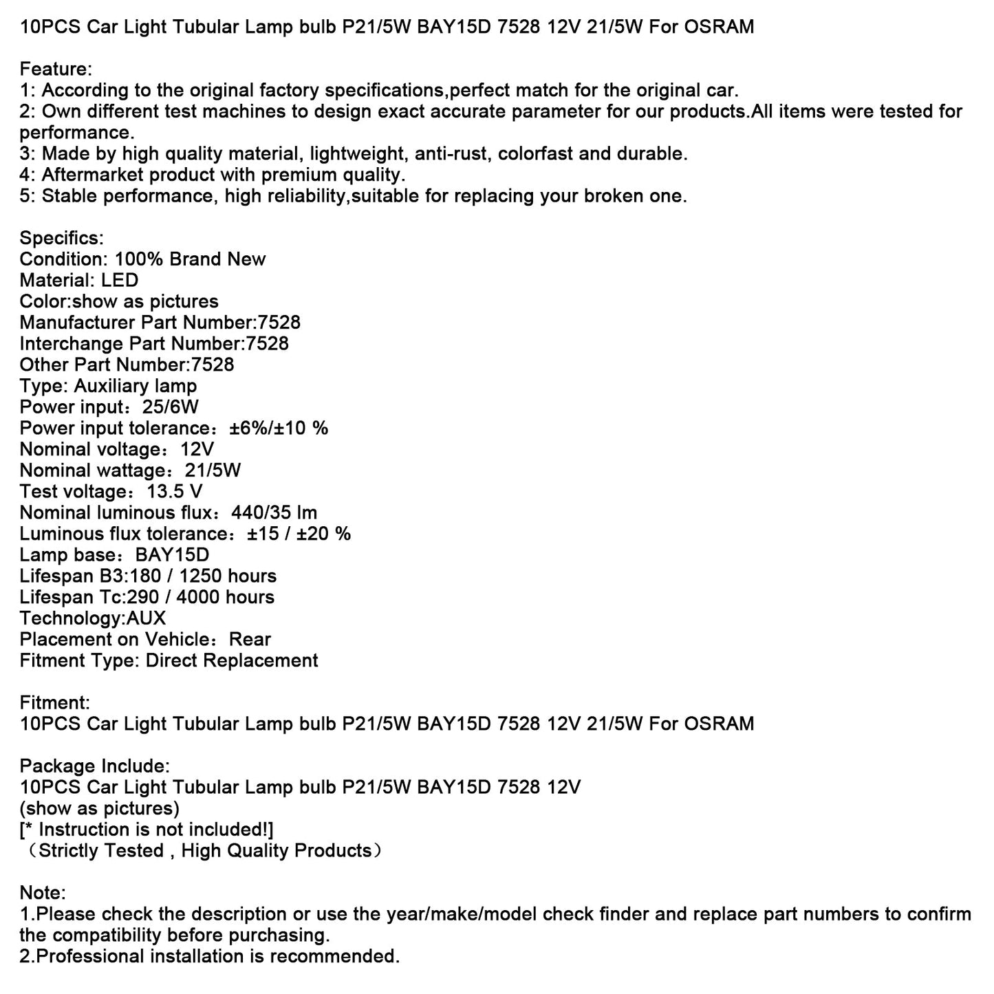 10PCS Car Light Tubular Lamp bulb P21/5W BAY15D 7528 12V 21/5W For OSRAM