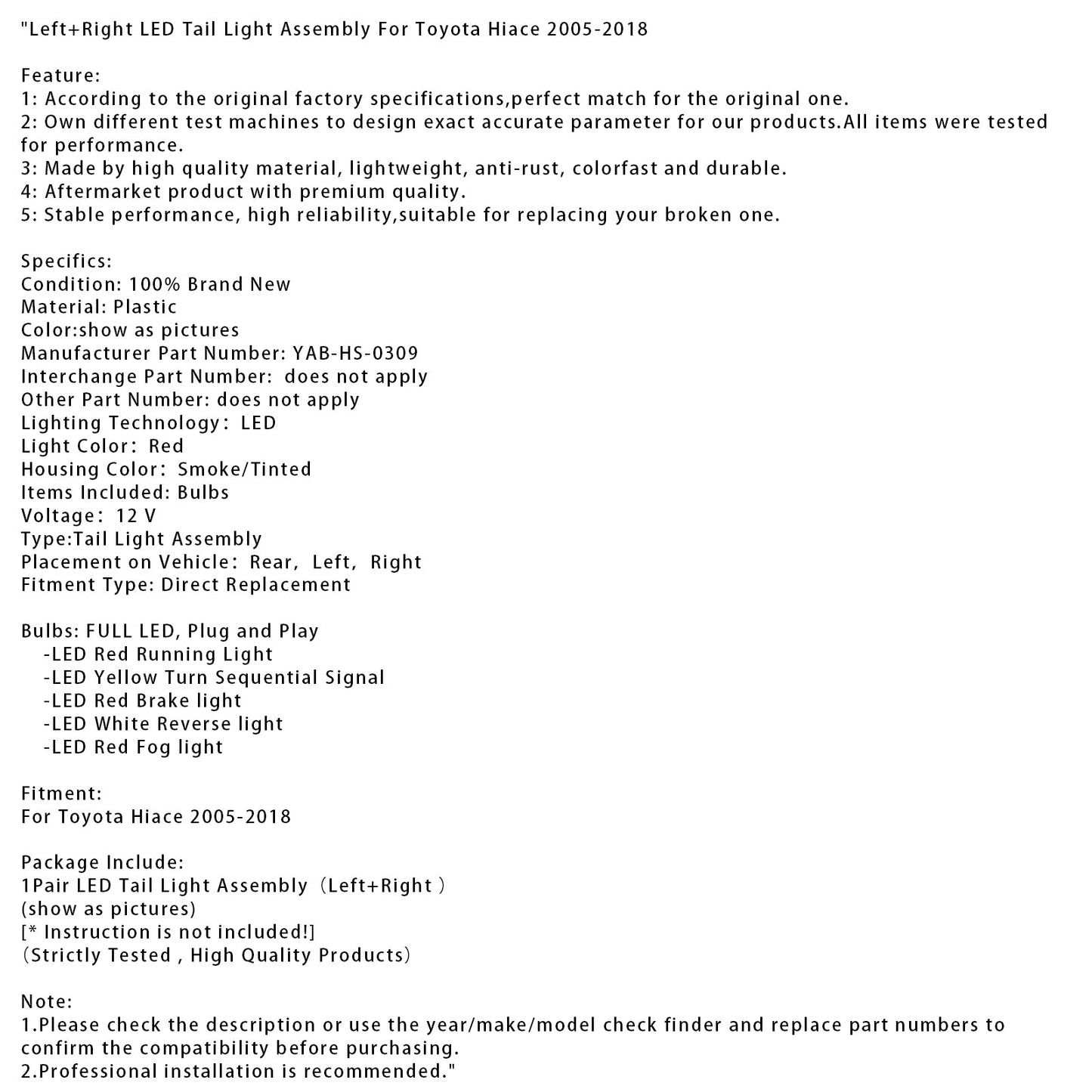 2005-2018 Toyota Hiace Left+Right LED Tail Light Assembly