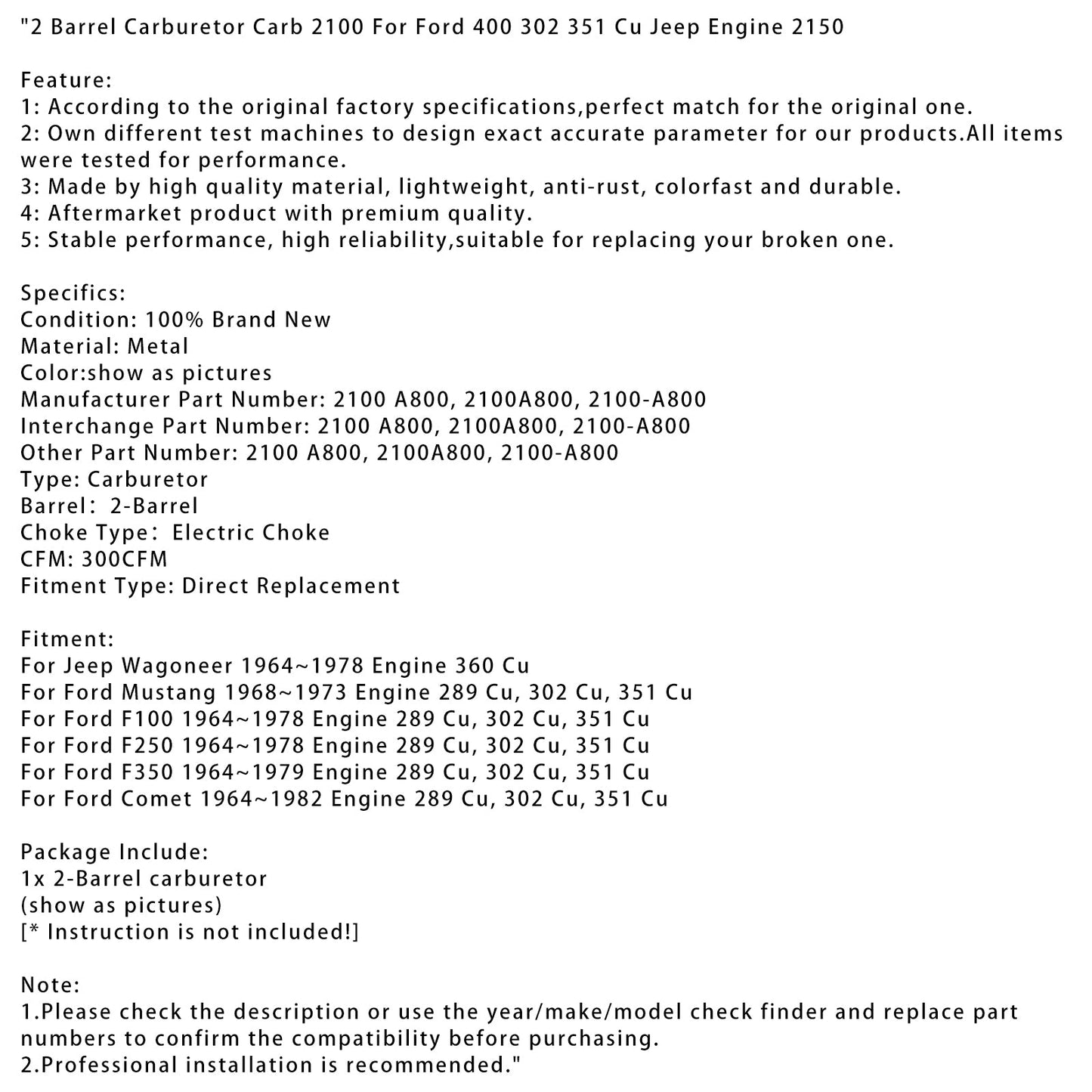 1964~1978 Ford F100 Engine 289 Cu, 302 Cu, 351 Cu 2 Barrel Carburetor Carb 2100 2100A800