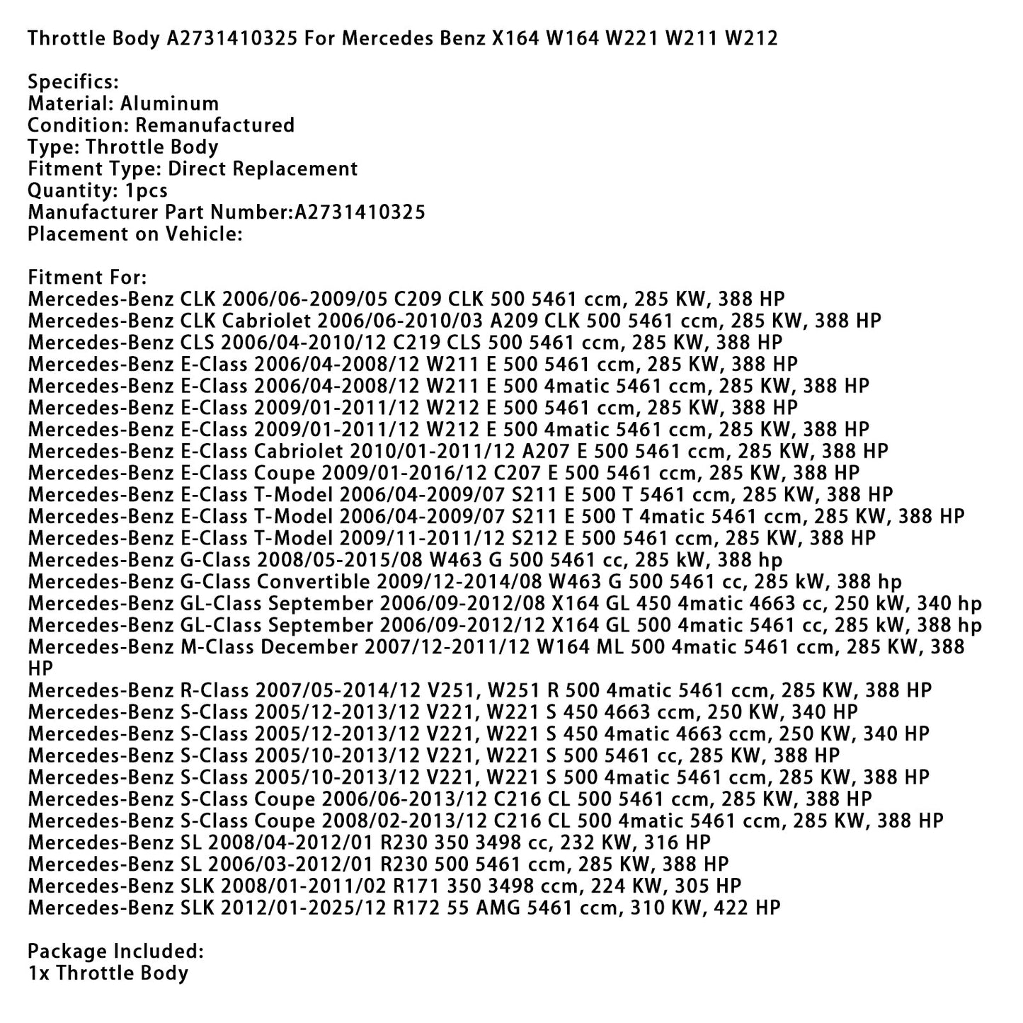 008/01-2011/02 Mercedes-Benz SLK 2R171 350 Throttle Body A2731410325