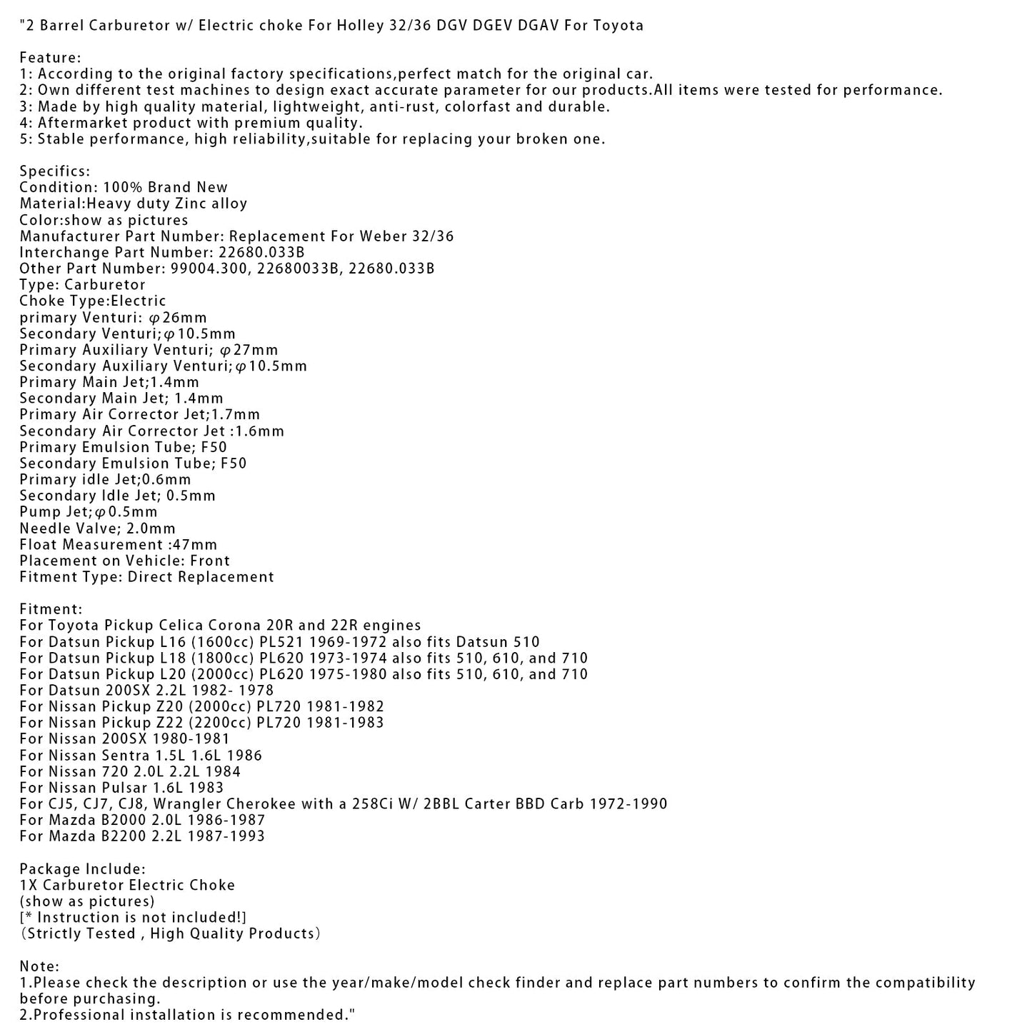 1981-1982 Nissan Pickup Z20 (2000cc) PL720 2 Barrel Carburetor w/ Electric choke For Holley 32/36 DGV DGEV DGAV
