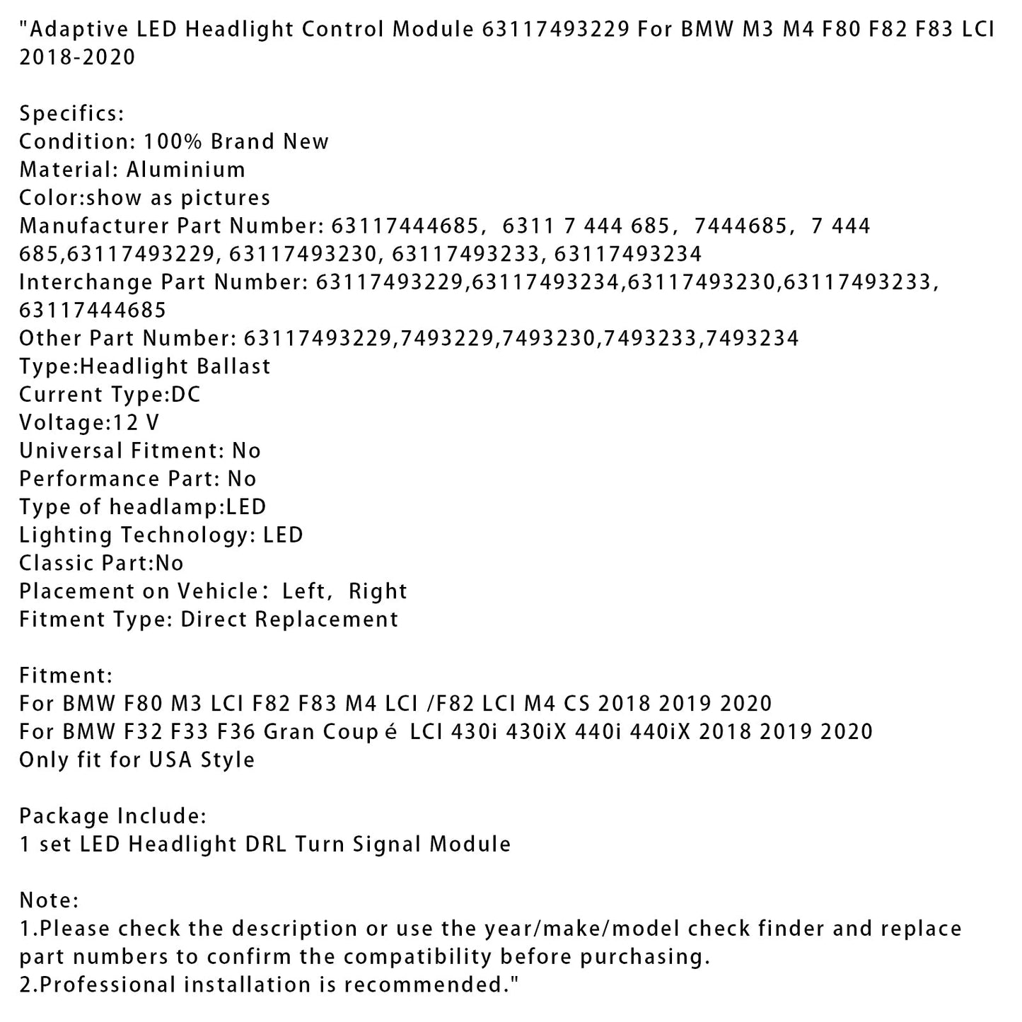Adaptive LED Headlight Control Module 63117493229 For BMW M3 M4 2018-2020