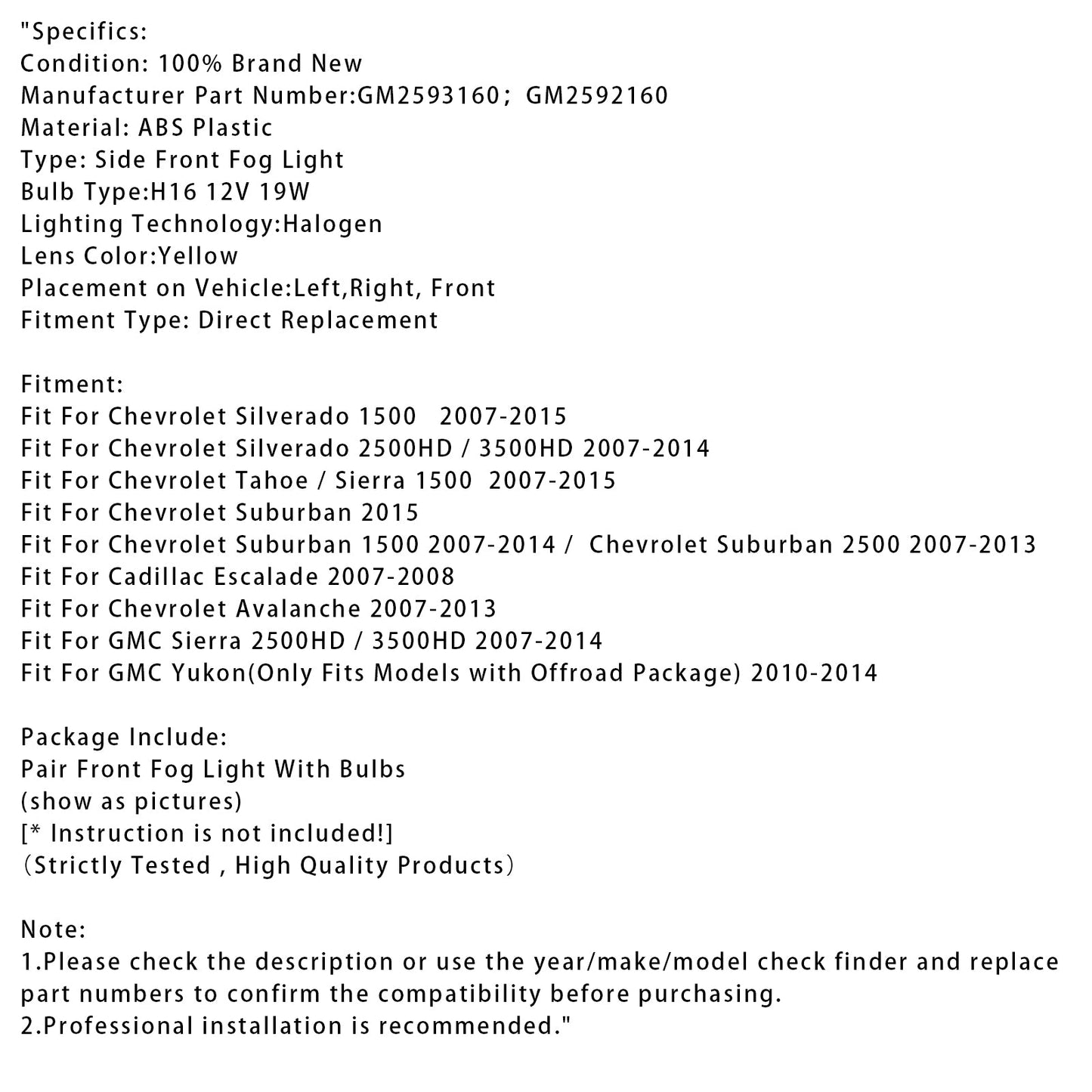 Pair Fog Light Lamps With Bulbs For Chevy Tahoe Sierra 2007-2015 Yellow Lens