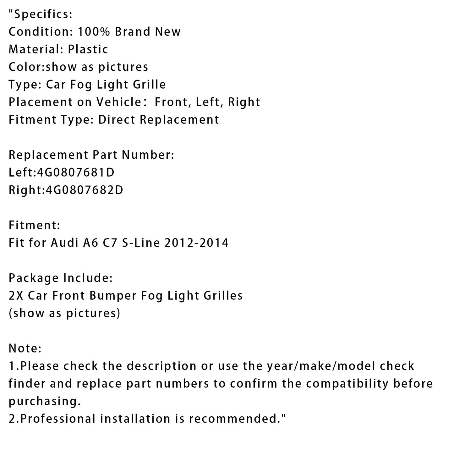 2012-2014 Audi A6 C7 S-Line 2X Car Front Bumper Fog Light Grilles