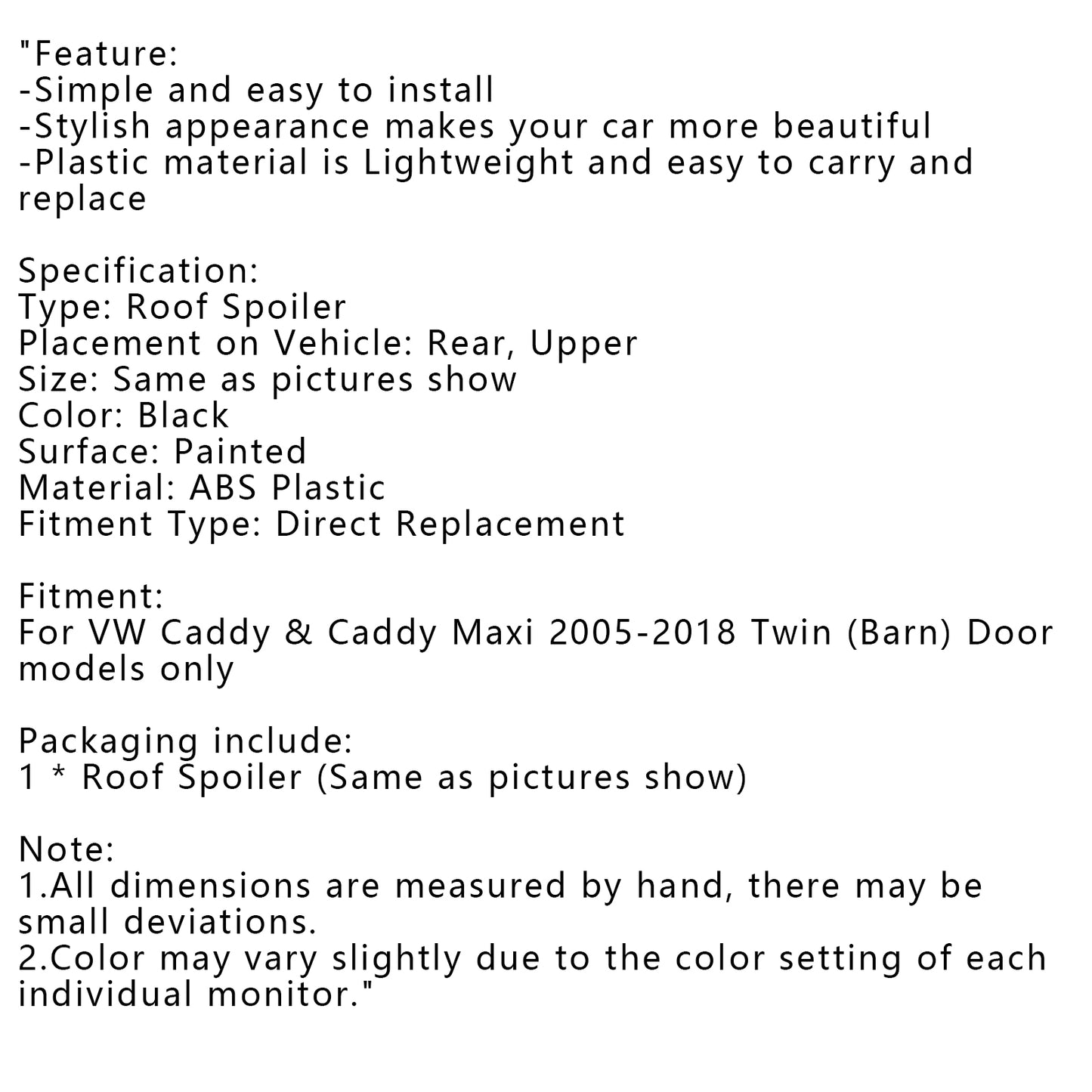 Gloss Black Rear Twin Barn Door Trunk Spoiler Fit VW Caddy Maxi 2005-2018