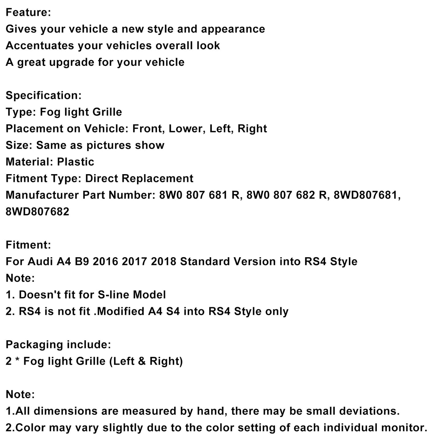 2016-2018 AUDI A4 B9 2PCS Front Fog Light Grille Lower Bumper Grill