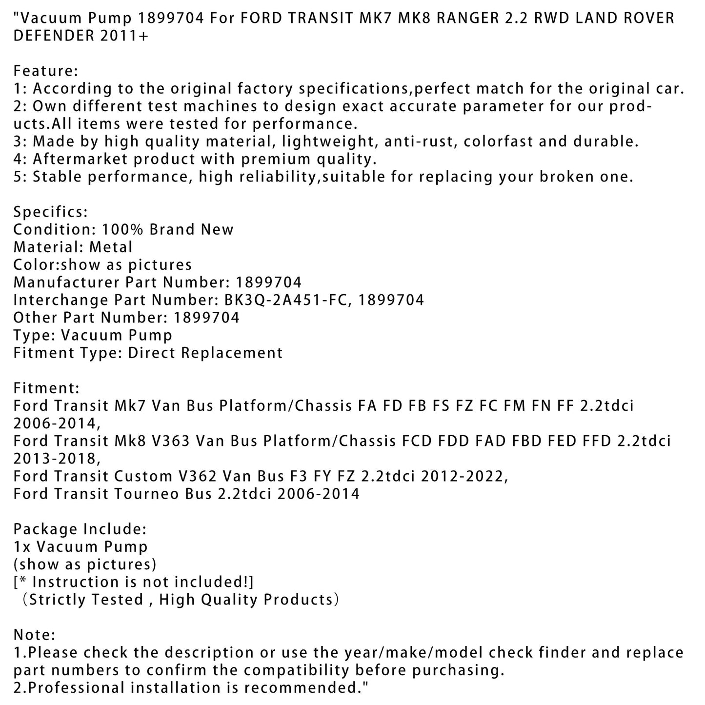 2013-2018 Ford Transit Mk8 V363 Van Bus Platform/Chassis FCD FDD FAD FBD FED FFD 2.2tdci Vacuum Pump 1899704