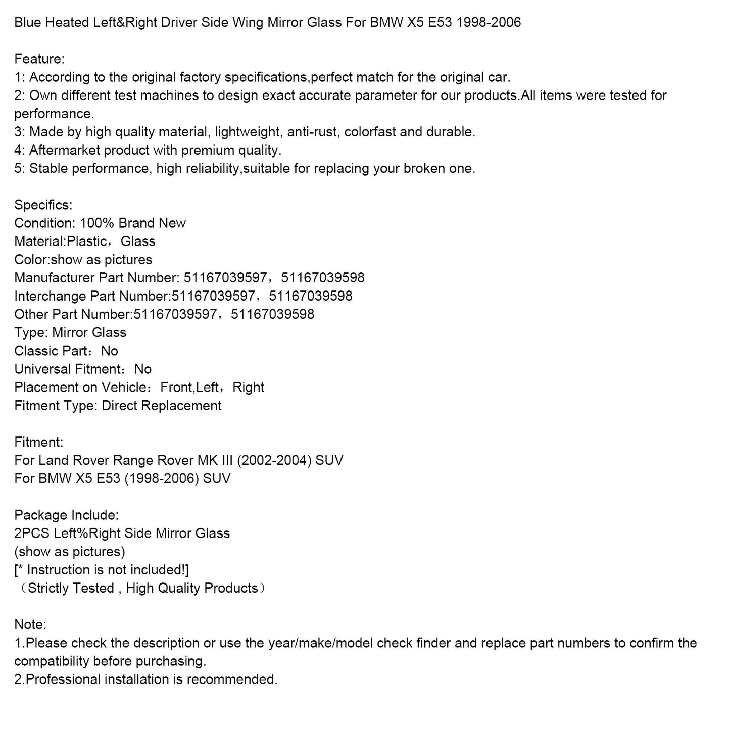 Blue Heated Left&Right Driver Side Wing Mirror Glass For BMW X5 E53 1998-2006