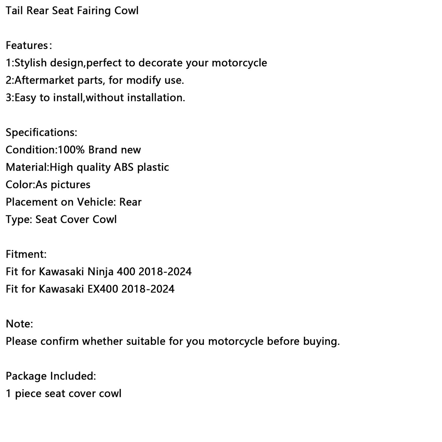 2018-2024 Kawasaki Ninja 400 EX400 Racing Tail Rear Seat Fairing Cowl