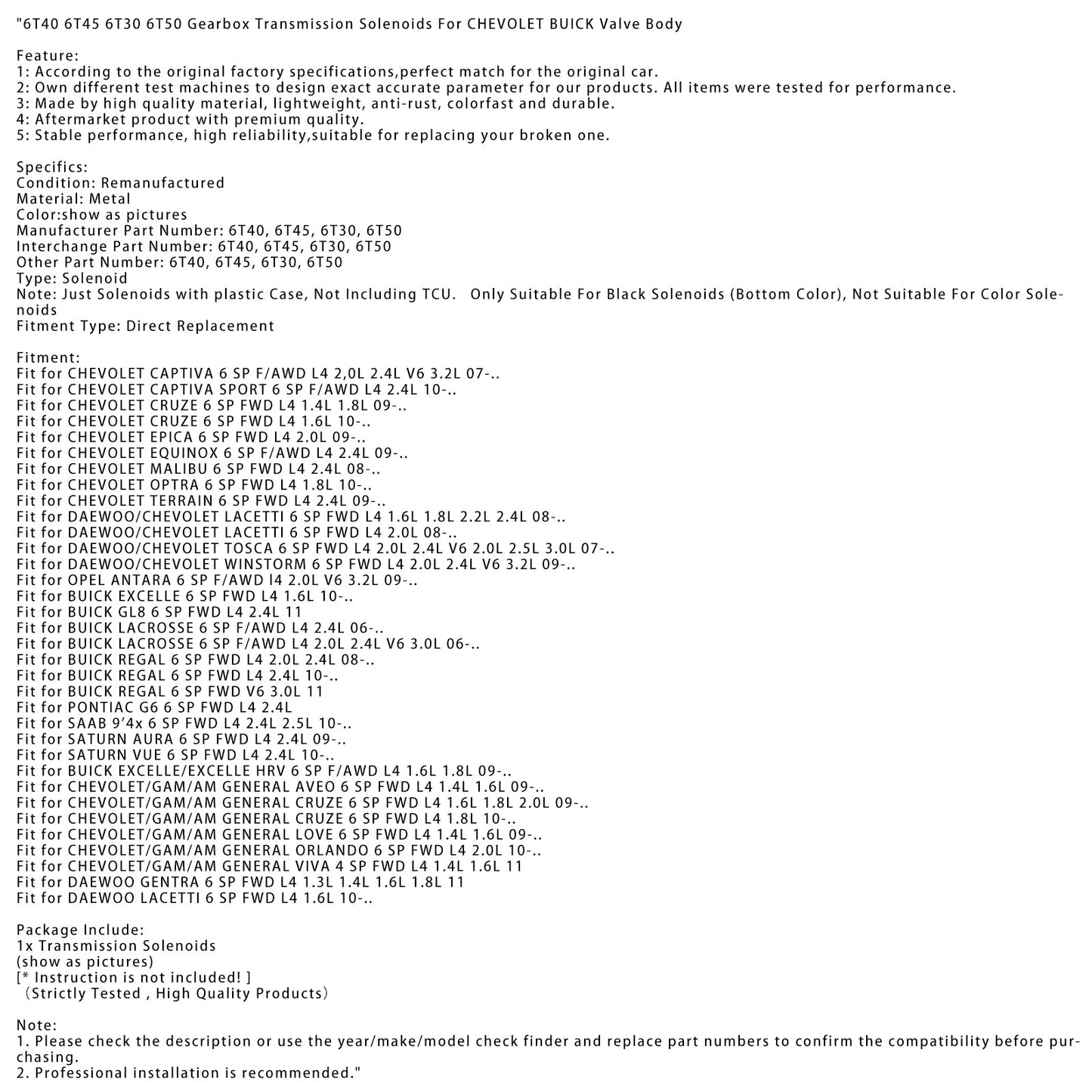 2009-nowon CHEVOLET EPICA 6 SP FWD L4 2.0L 6T40 6T45 6T30 6T50 Gearbox Transmission Solenoids