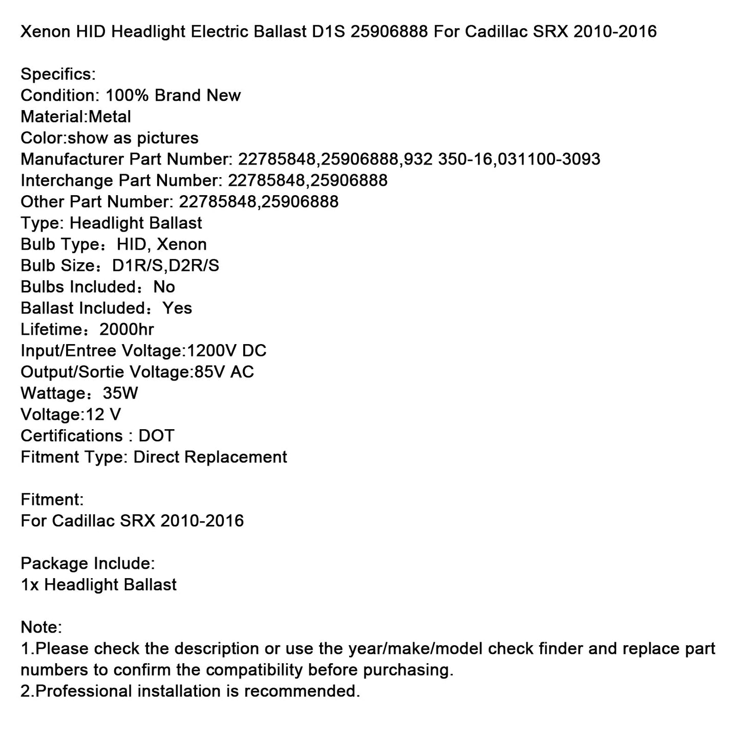 2010-2016 Cadillac SRX Xenon HID Headlight Electric Ballast D1S 25906888