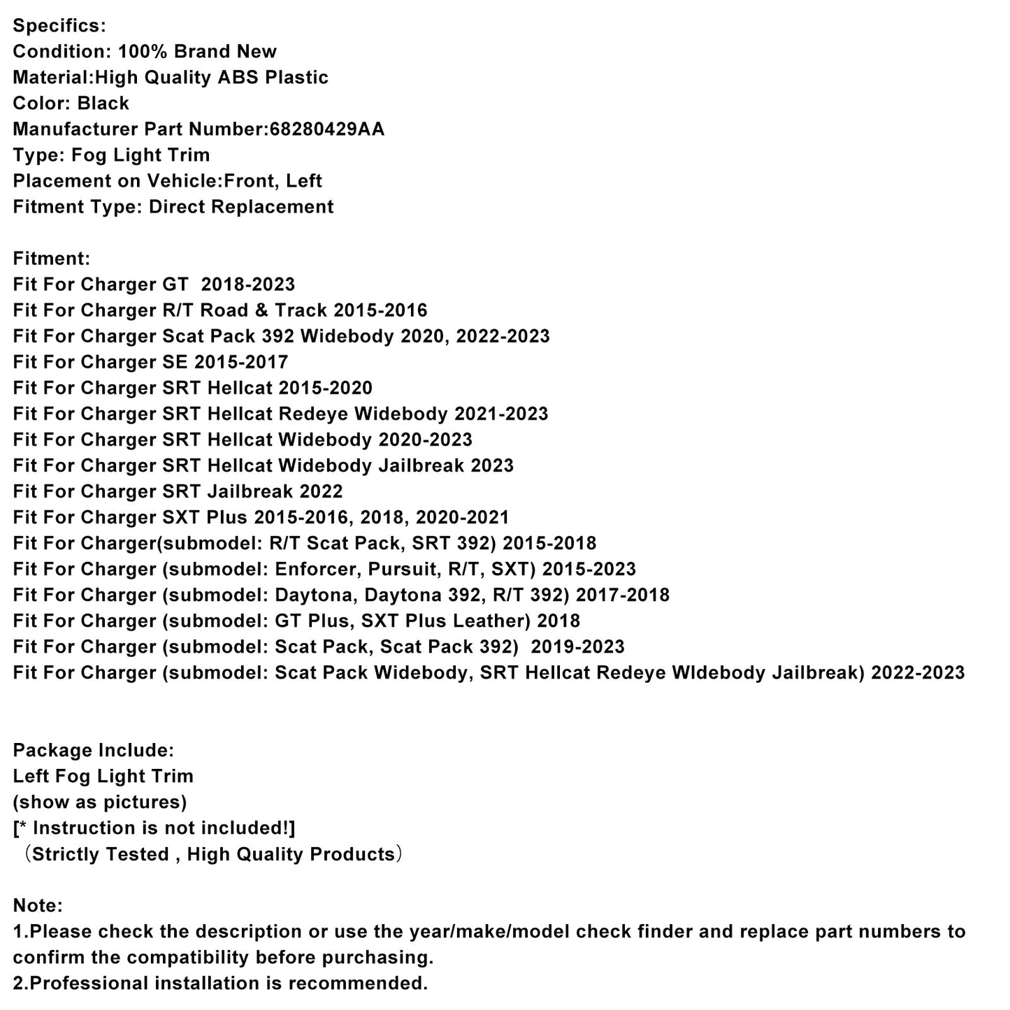 Left Side Fog Light Bezel For Dodge Charger 2015-2022 68280429AA