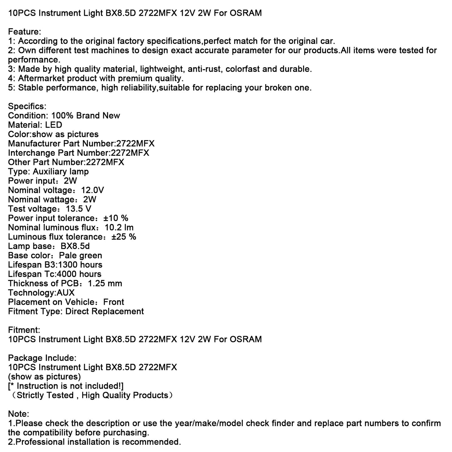 10PCS Instrument Light BX8.5D 2722MFX 12V 2W For OSRAM