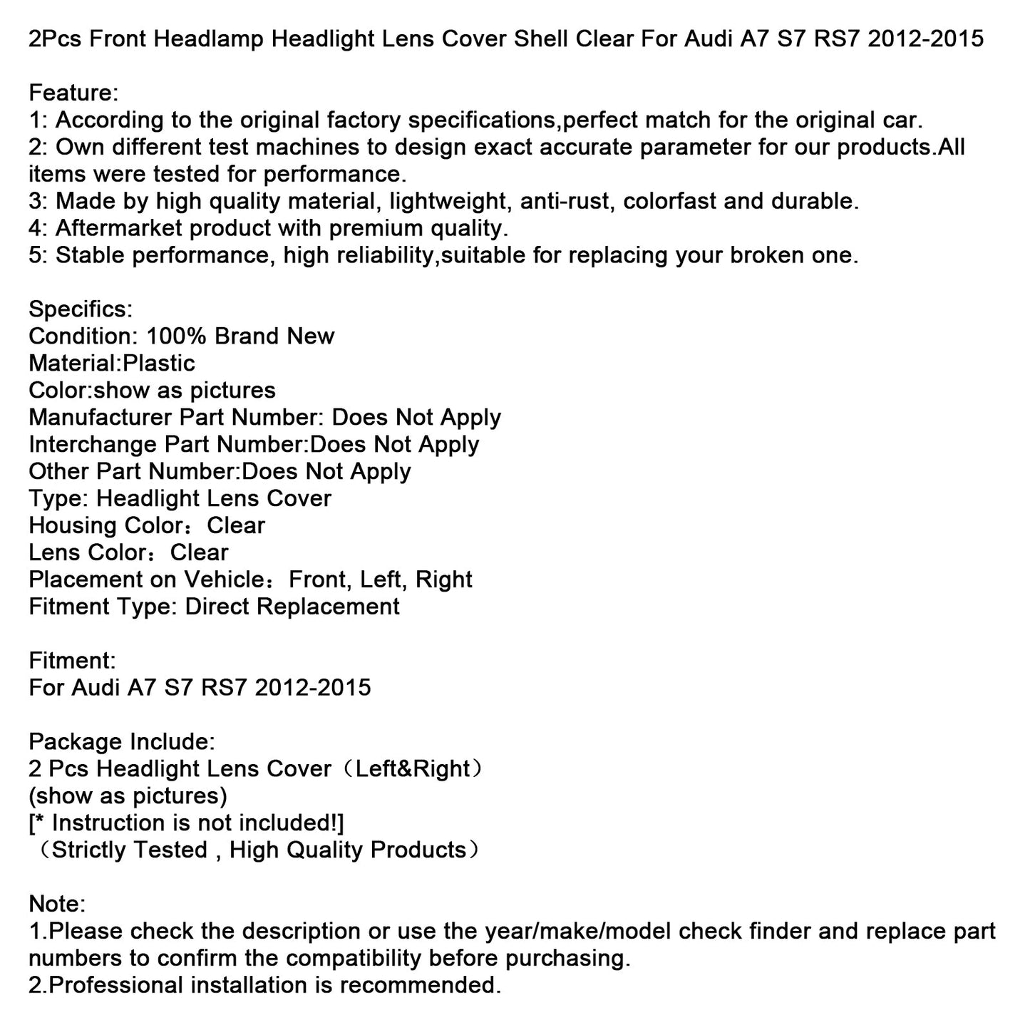 2012-2015 Audi A7 S7 RS7 2Pcs Front Headlight Lens Cover Shell Clear