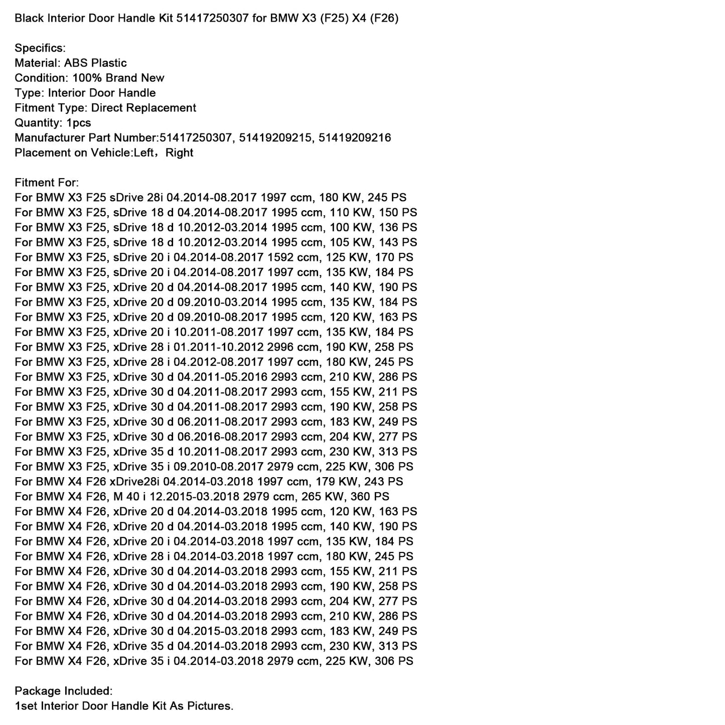 Black Interior Door Handle Kit 51417250307 for BMW X3 (F25) X4 (F26)
