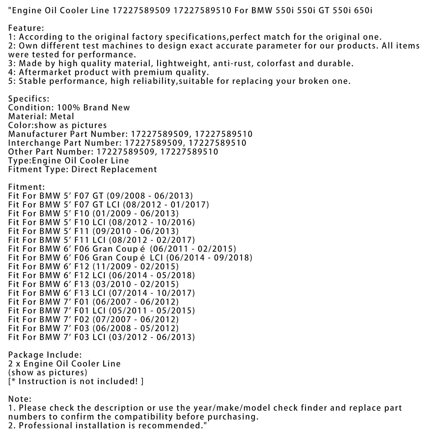 03/2012 - 06/2013 BMW 7' F03 LCI Engine Oil Cooler Line 17227589509 17227589510