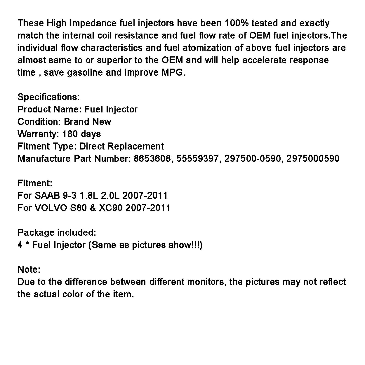 4PCS Fuel Injector 55559397 Fit SAAB 9-3 2.0L Turbo 2007-2011 8653608