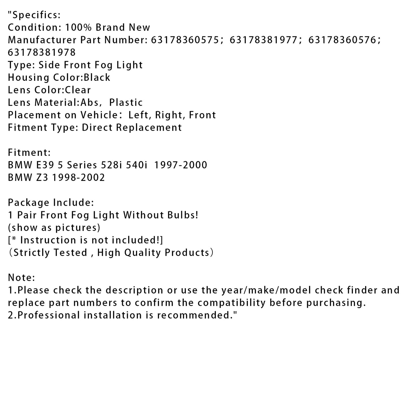 Pair Front Bumper Fog Light Lamps Without Bulbs For BMW E39 5-Serise 1995-1998