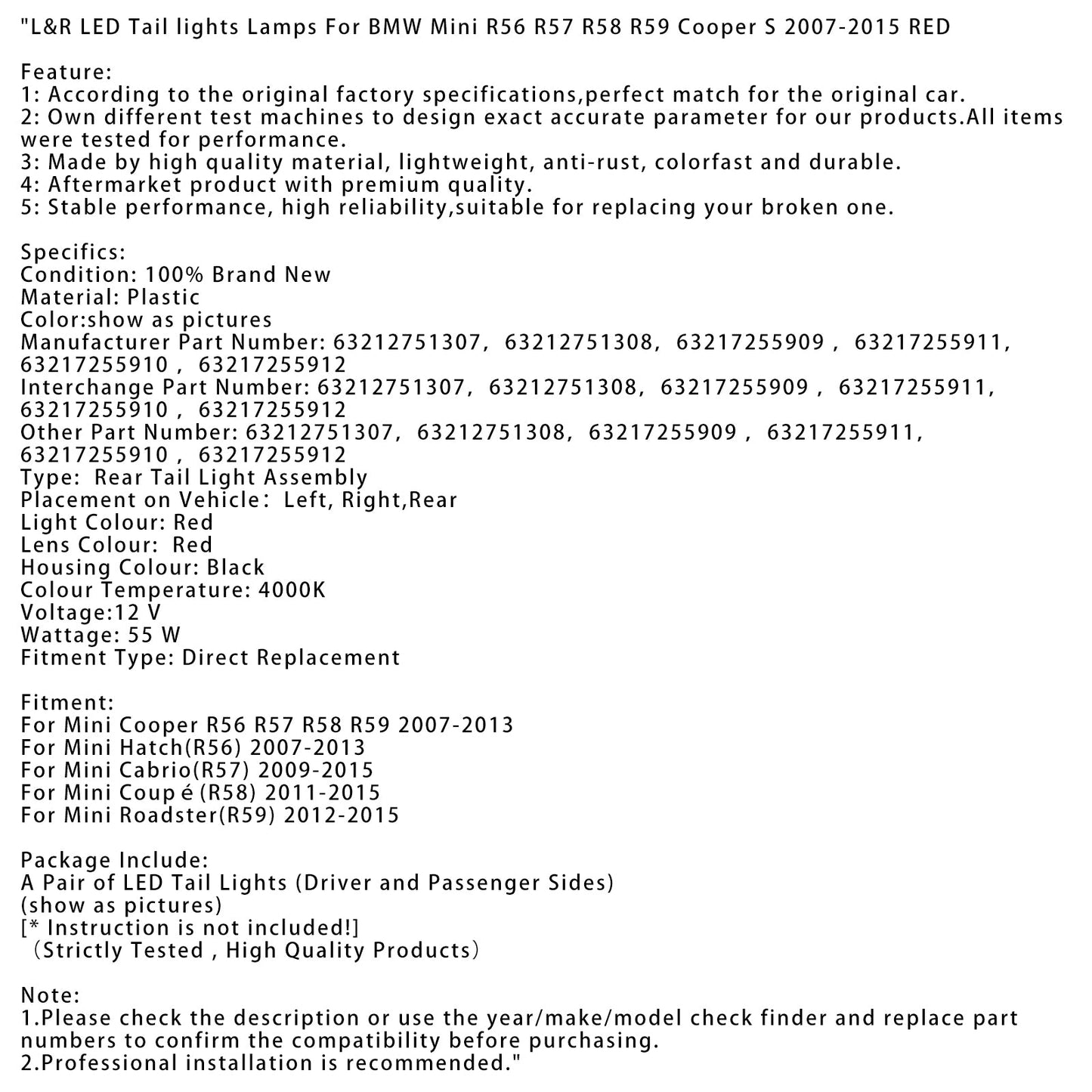 2011-2015 Mini Coup¨¦(R58) L&R LED Tail lights Lamps 63212751307 63217255909