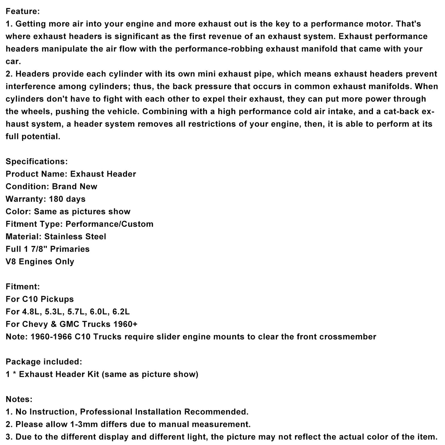 LS2 LS3 Exhaust Manifold Header Fit Chevy C10 LS LS1 LS6 Long Tube 1-7/8