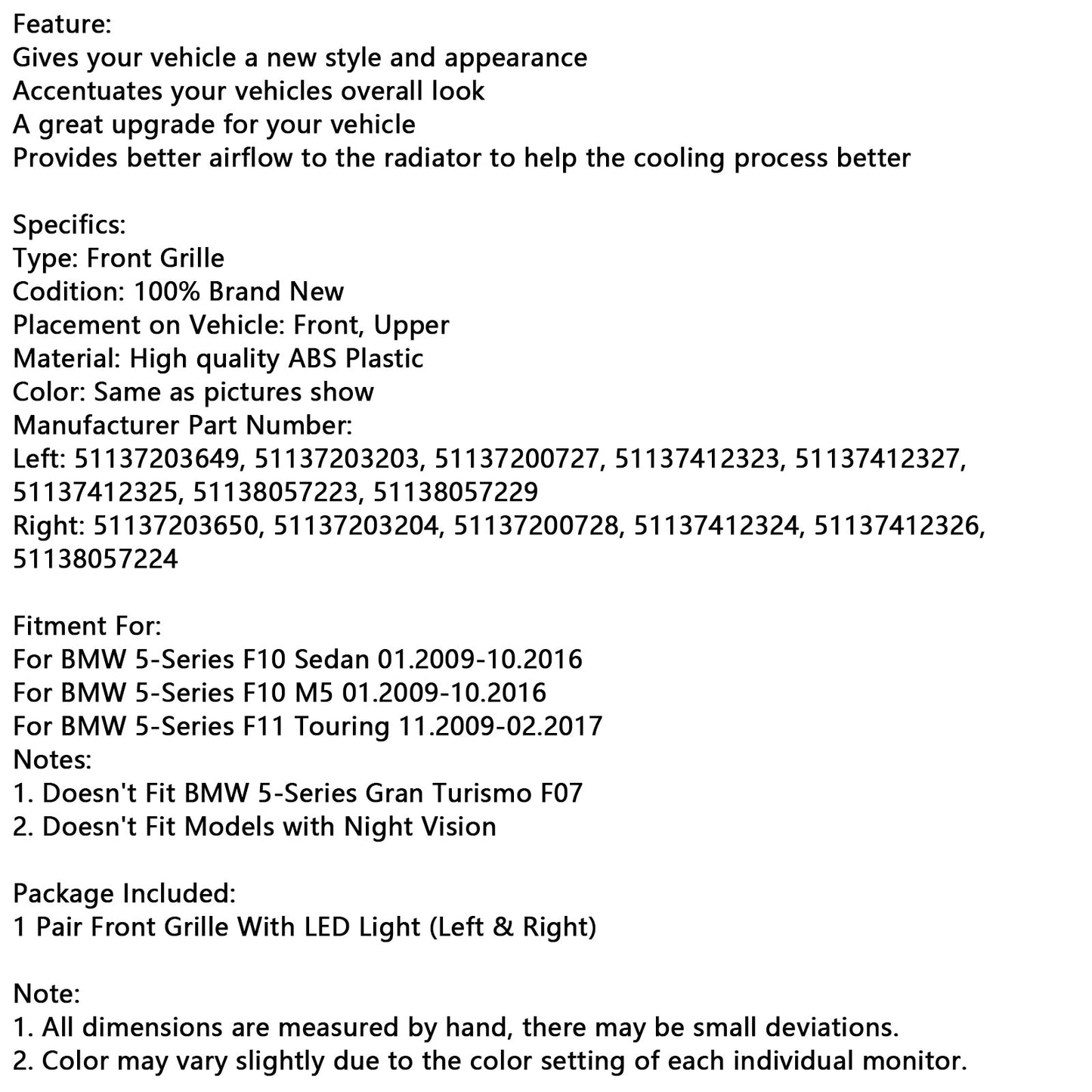 01.2009-10.2016 BMW 5-Series F10 M5 Kidney Bumper Grill Grille Gloss Black 51137203649 51137203203