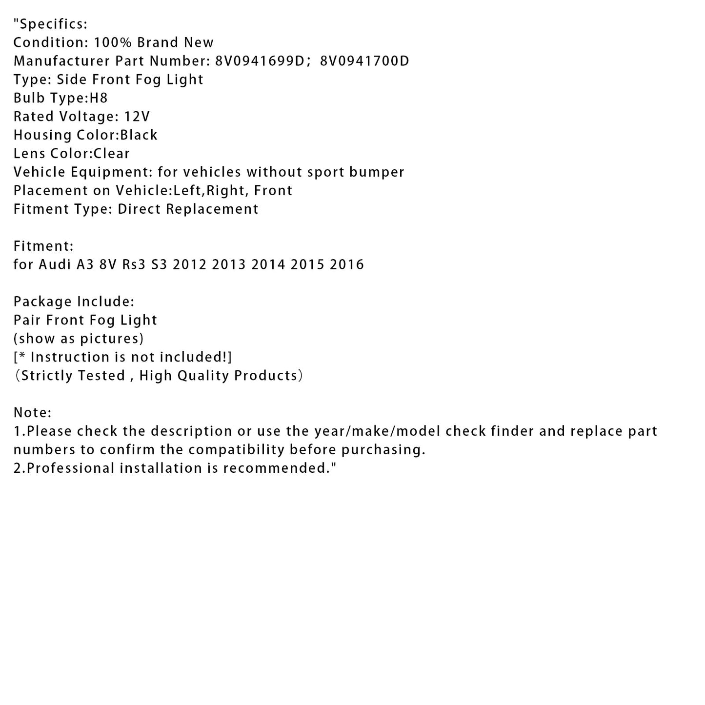 2012-2016 Audi A3 8V Rs3 S3 Pair Front Right Fog Light Lamps With Bulbs