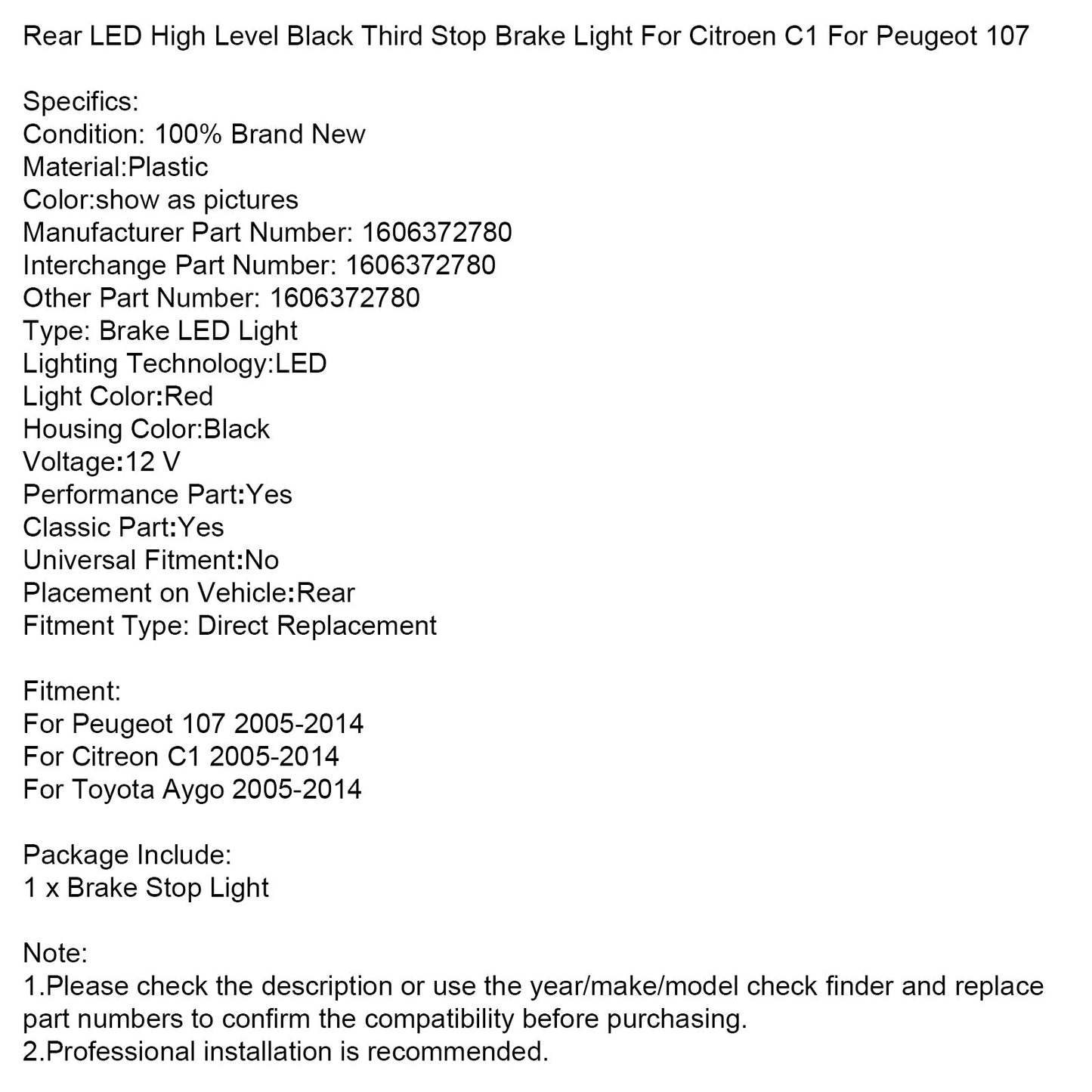 Rear High Level Black Third Stop Brake Light For Citroen C1 For Peugeot 107