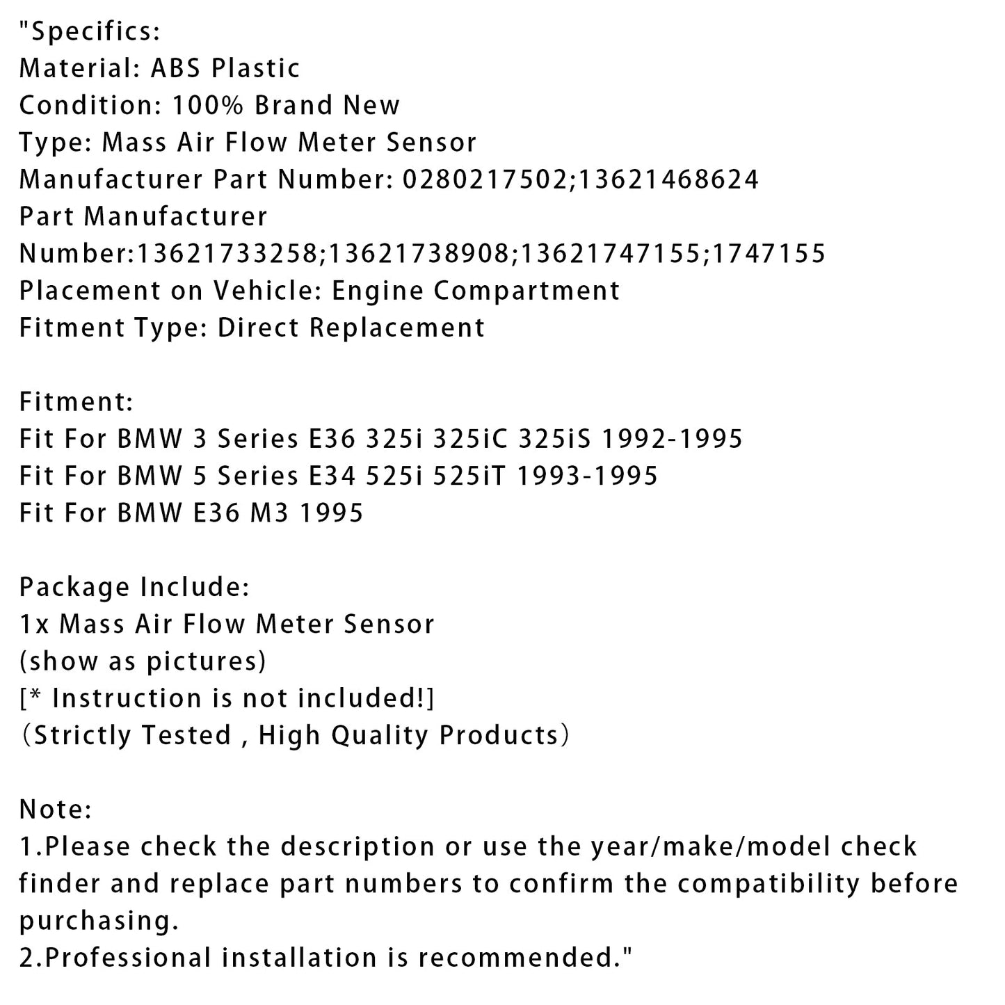 Mass Air Flow Meter Sensor For BMW E34 525i E36 325i M3 0280217502
