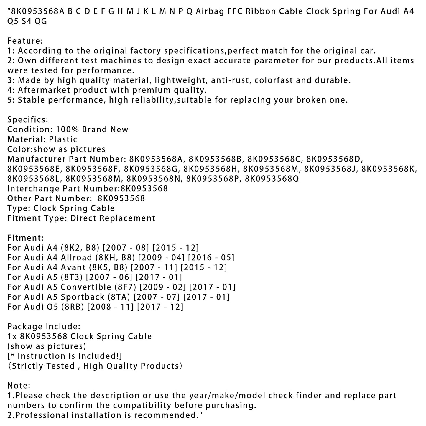 8K0953568A B C D E F G H M J K L M N P Q Airbag FFC Ribbon Cable Clock Spring