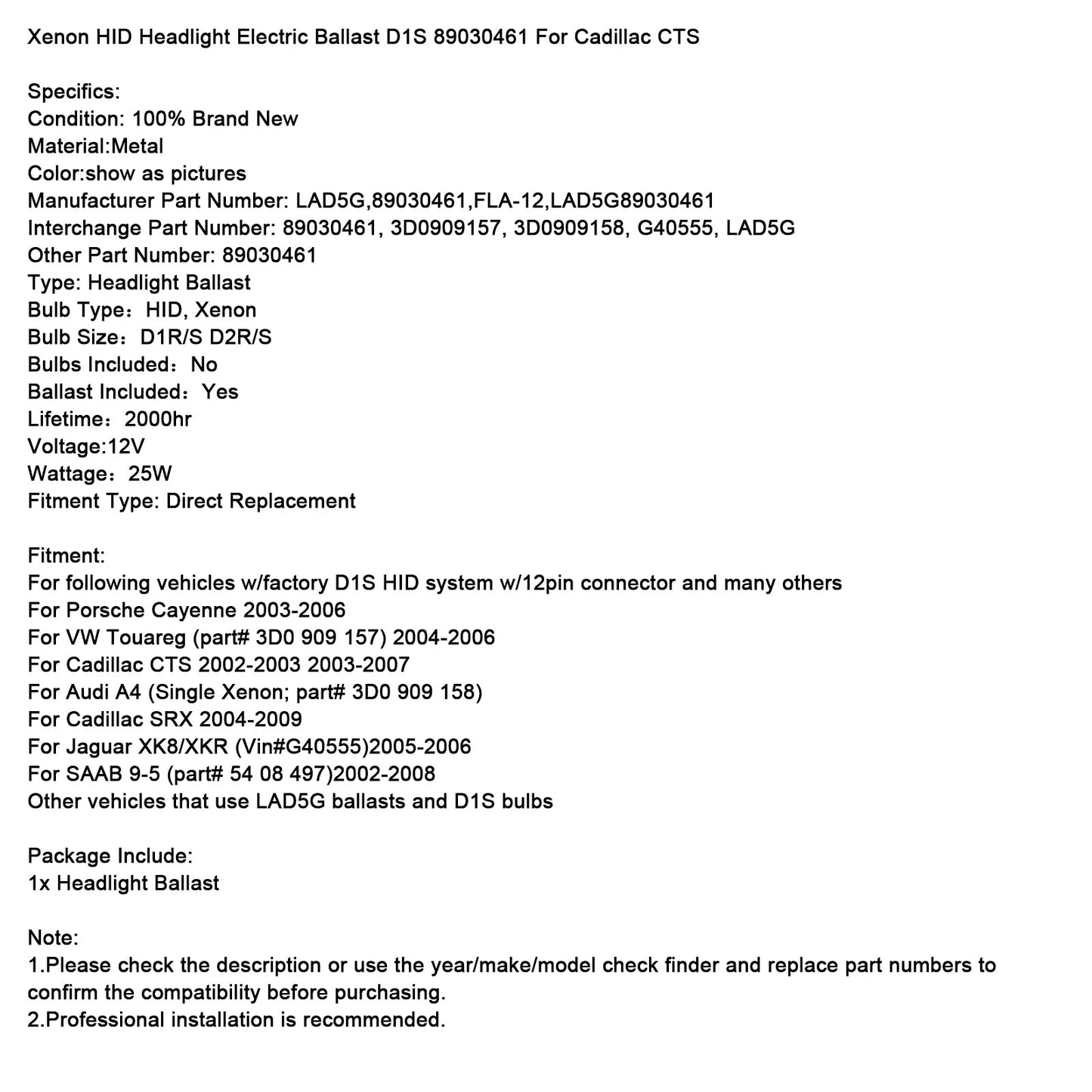Xenon HID Headlight Electric Ballast D1S 89030461 For Cadillac CTS