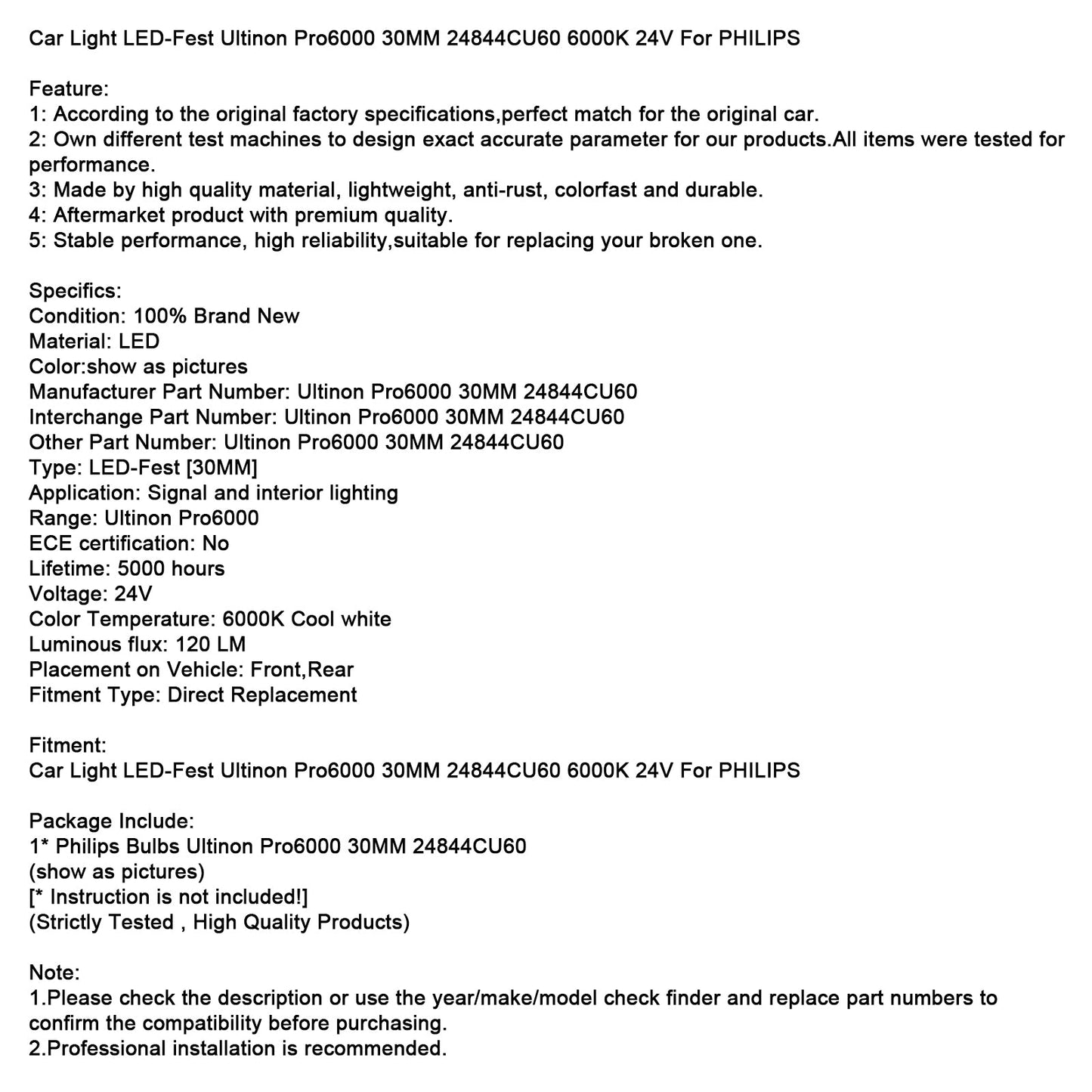 Car Light LED-Fest Ultinon Pro6000 30MM 24844CU60 6000K 24V For PHILIPS