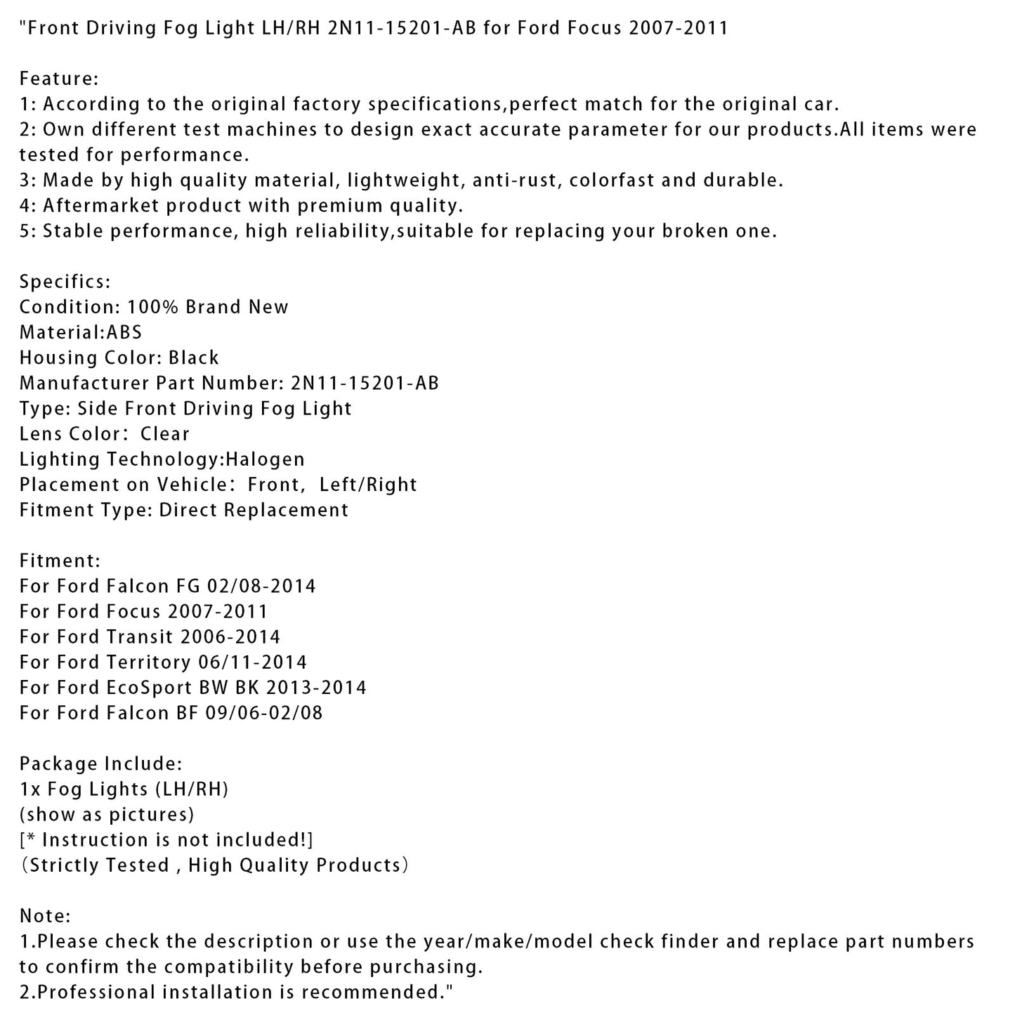 Front Driving Fog Light LH/RH 2N11-15201-AB for Ford Transit 2006-2014