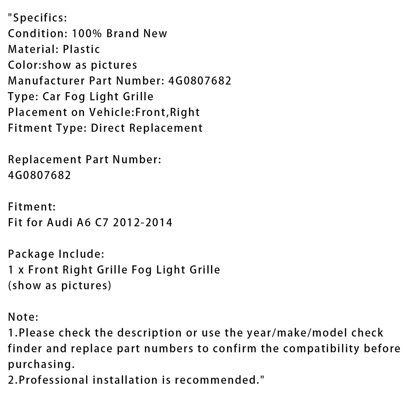 2012-2014 Audi A6 C7 Front Right Side Bumper Grille Fog Light Grill 4G0807682