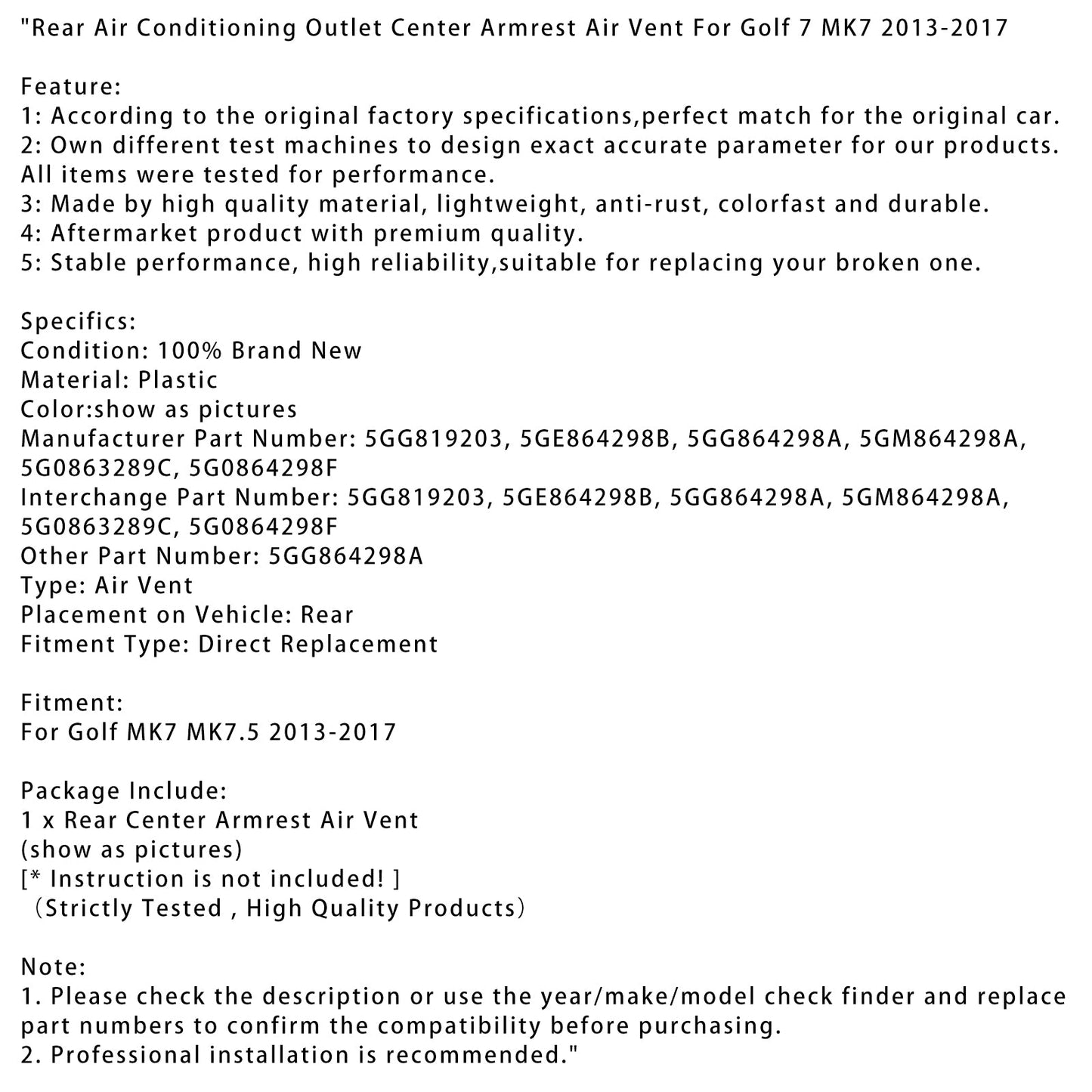 2013-2017 Golf 7 MK7 Rear Air Conditioning Outlet Center Armrest Air Vent