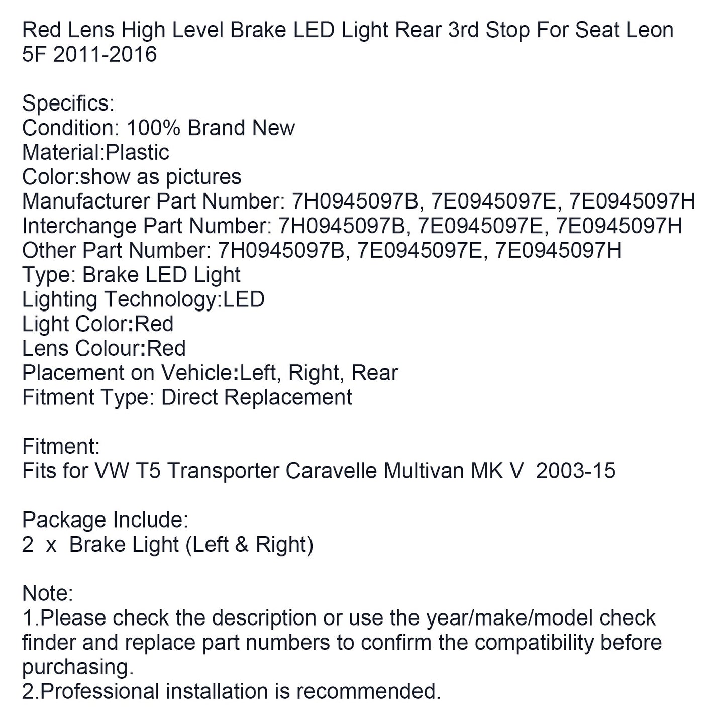 2003-2015 VW T5 Transporter Caravelle Multivan MK V Red 3rd High Level Rear Brake Light Barn 4 Door