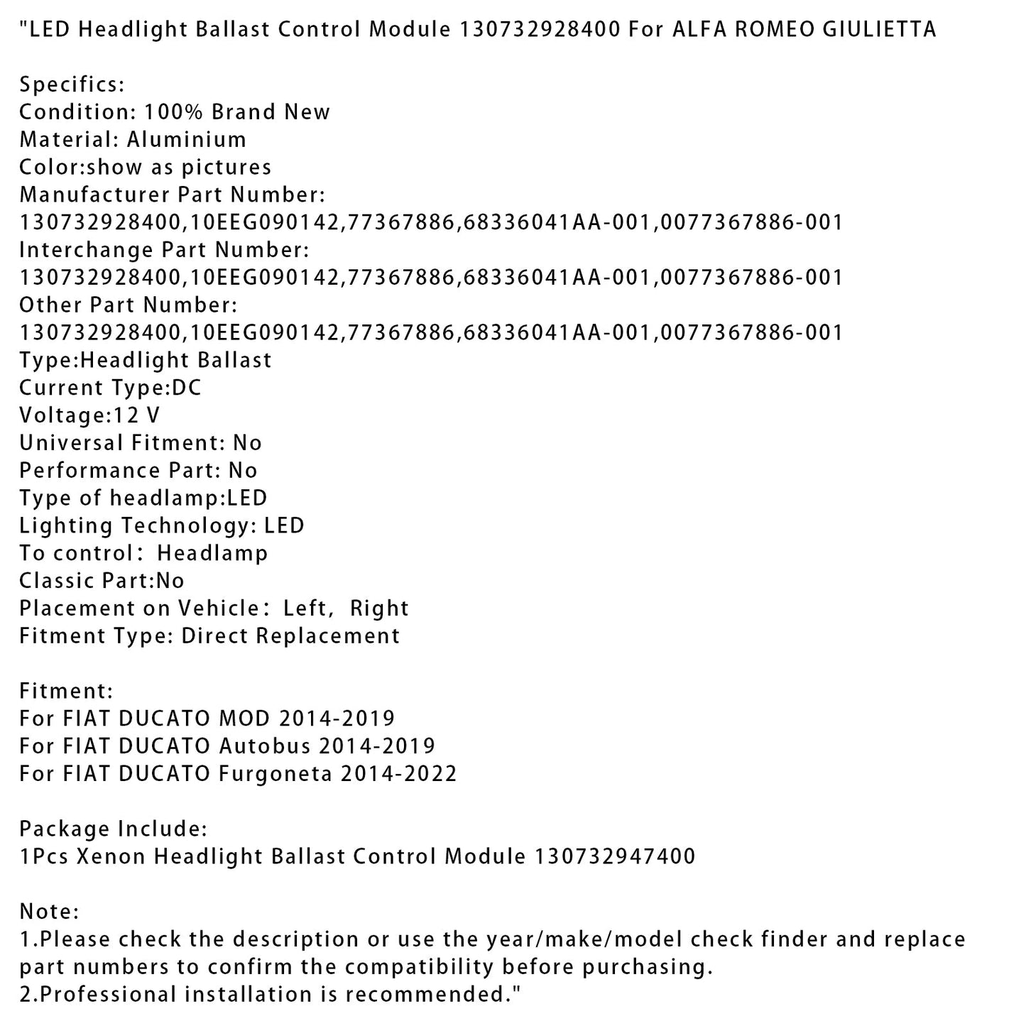 LED Headlight Ballast Control Module 130732928400 For ALFA ROMEO GIULIETTA