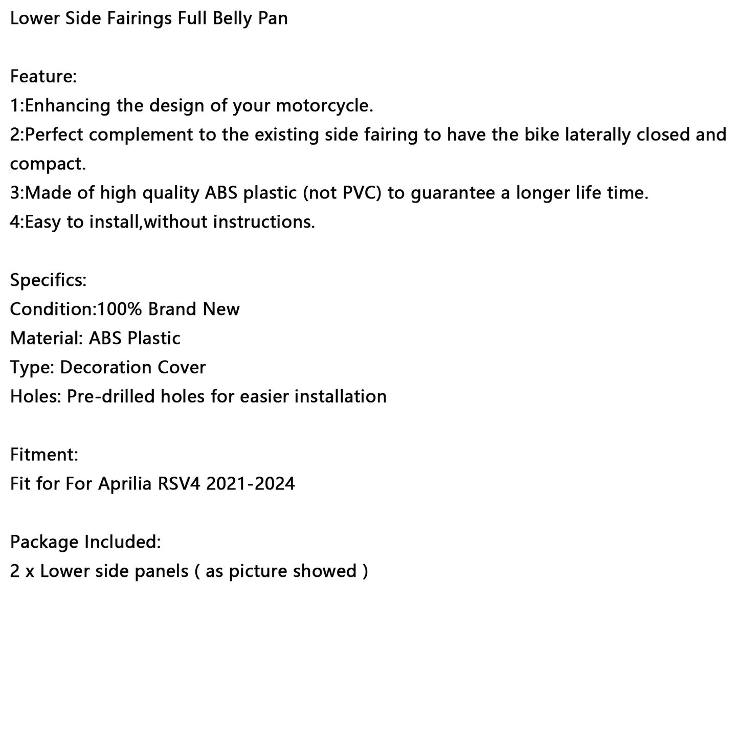 2021-2024 Aprilia RSV4 Lower Side Fairings Full Belly Pan Plate Cover