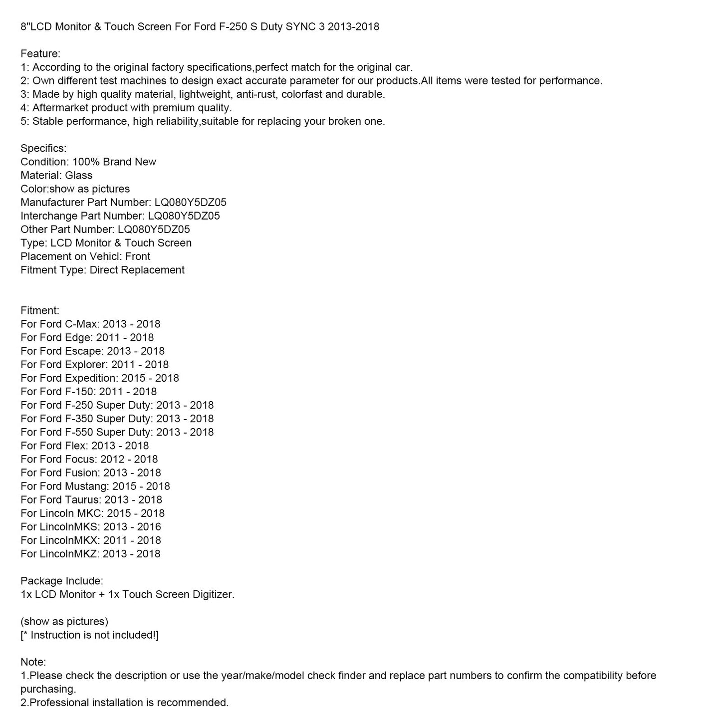 2011 - 2018 LincolnMKX 8"LCD Monitor & Touch Screen LQ080Y5DZ05