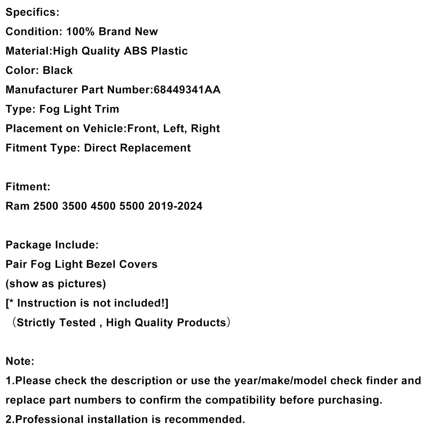 2019-2024 Ram 2500 3500 Pair Fog Light Bezel Trim 68449341AA